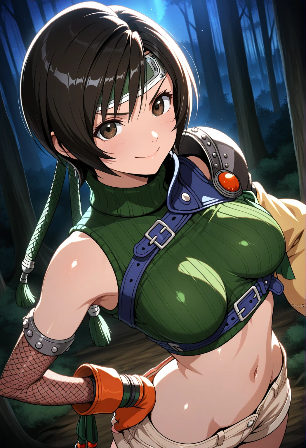 ((1 woman with brown hair,((gigantic breasts, bare breasts, erect breasts, grabbing breasts)),((purple pants,No blouse,a bracelet,a backpack on her shoulders, with a boot, a belt with a sword) ),((red eyes, happy face)),sitting with legs wide open,in a haunted forest,at night)),