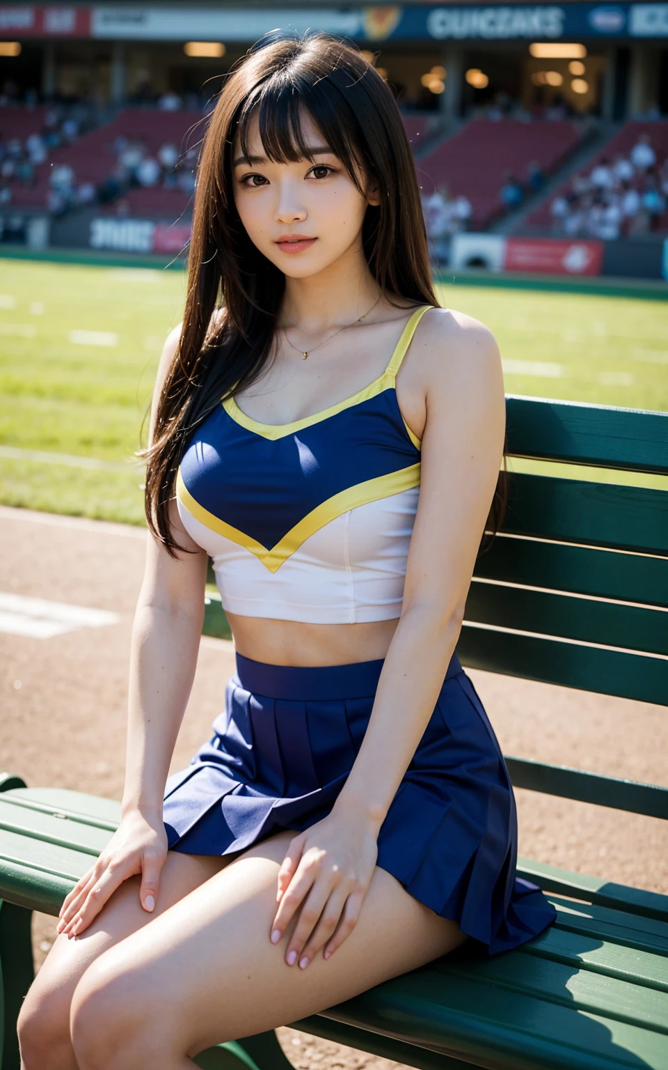 Product quality,1 girl,Cheerleader,Cowboy Shot,Young and cute Japanese,20-year-old,((Stadium bench background:1.2)),A small smile,cheer leading,break,Place the pom-poms,Sit cross-legged on a bench,Wipe the sweat with a towel,Drink a sports drink,Complete off-shot,Cheerleaderuniform,Ultra Short Short Pleated Mini Skirt,Very cute face,Baby Face,Glossy Lips,(Beautiful big eyes),Gray Eyes,Double eyelids on both eyes,(Natural Makeup),shiny smooth light brown long hair,,Asymmetrical bangs,Floating Hair NovaFrog Style,Center image,8k resolution,Attention to detail,Detailed hairstyle,Detailed face,Cinema Lighting,Octane Rendering,Ultra-realistic,(Glowing Skin, Sweaty:1.3)Perfect limbs,Beautiful legs,Voluptuous thighs,Huge breasts,(Expresses the roundness and softness of the chest area..........1),Perfect ???????,((relax:1.3))