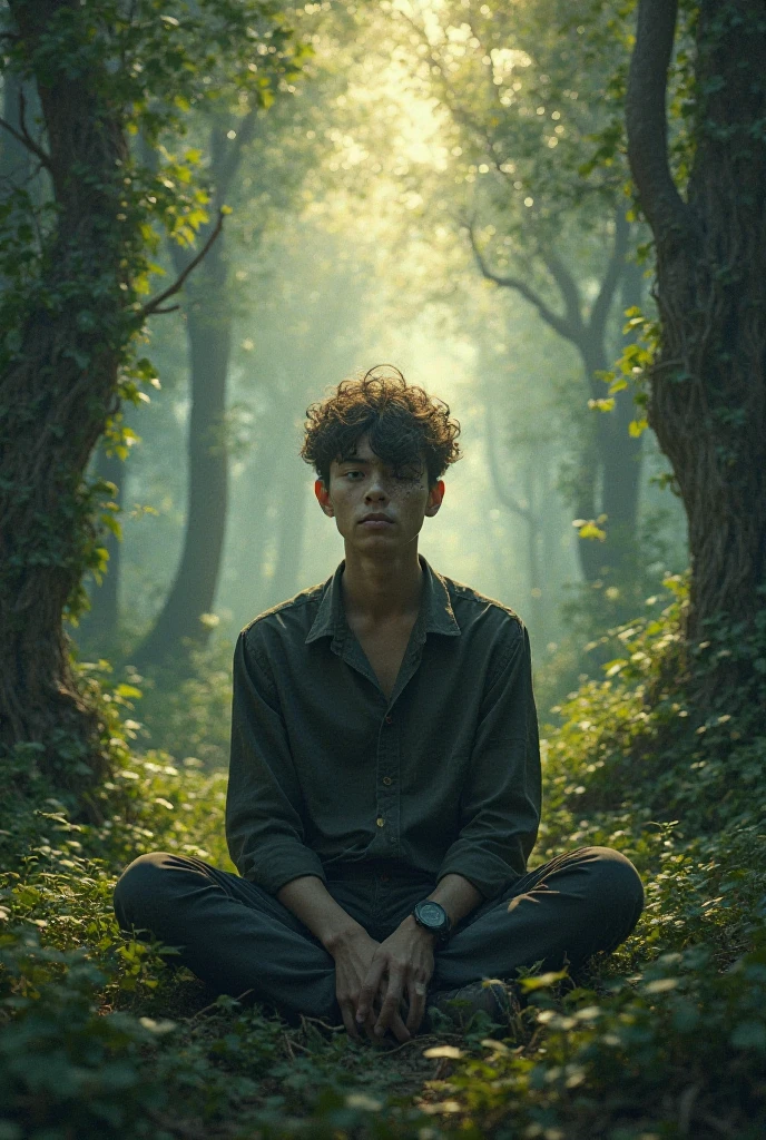 A mysterious young man is sitting on a chair in the middle of a forest ...