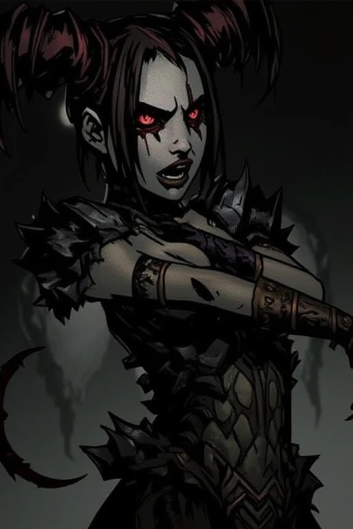 (!dark themed, sinister, evil:1.4) , (highres:1.5) ,(illustration), fisheye (upper body), ((from above)), a beautiful [girl: :sinister demon:0.1] standing, (white long hair, bangs, (hair cover eye:1.4)), wearing: (armored jacket, armored dress,   black forehead mark, beautiful dark gloves, highly detailed, [straps|belts|accessories], armored hair accessories), (flat chest, small waist, detailed upper body), (detailed face, (wide scary smile:1.4), sharp gaze, strong expression),  brave pose, {ominous, dark, evil, sadistic, edgy, strength:1.4} , dark aura, BREAK background: (night, dark forest, blood mixed river, rocks, twisted roots, feathers swirling), (dark aesthetic), highly detailed background, dramatic light, ((fantasy art, style of Makoto Shinkai)), muted colors, stop motion, motion blur, depth of field, extremely detailed, (scars, blood, dust:1.4), reflections, ray tracing, complex art, expressive art