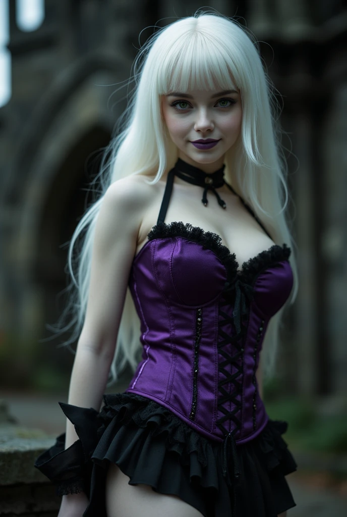 A blonde woman with gothic makeup, wearing a dark purple corset and black skirt, standing on ancient stone steps.
