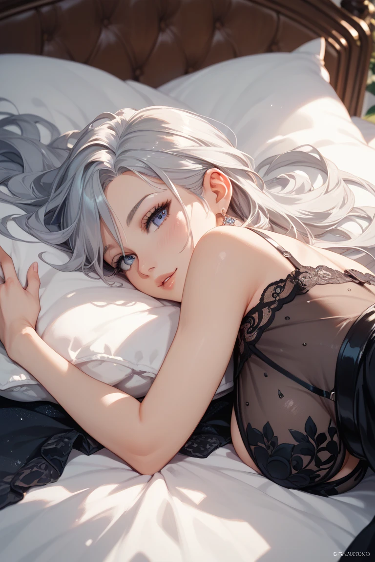 Ultra-high resolution,masterpiece, Attention to detail, highest quality, 4K,Silver braided short bob,(heavy chest,Captivating body、Ultra-detailed skin、Beautiful eyes、Detailed Background,bedroom,I can see the moon from the window、Night Sky、Lying in bed,One girl、looking at the camera、smile、Looking at this、(Lying on one&#39;s side)、pillow