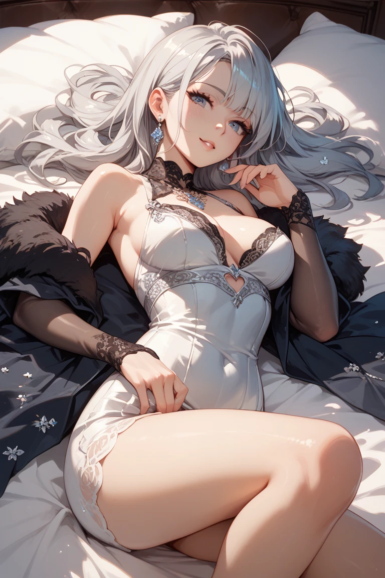 tmaesterpiece, 1girl, 18 years old, white hair, purple eyes, perfect skin, detailed, 5 star hotel, lace lingerie, perfect body, symmetrical, stylized, long stockings, on the bed, from above, highres, ABSURDRES, masterpiece, 4k --auto --s2