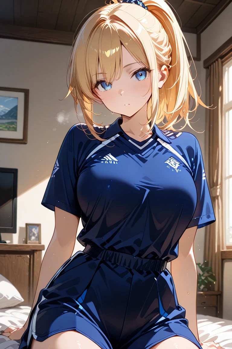(masterpiece, top-quality, hight resolution, photos realistic, real looking skin:1.1), 独奏, 1loli, short stature, medium breasts, White blonde hair, gym uniform