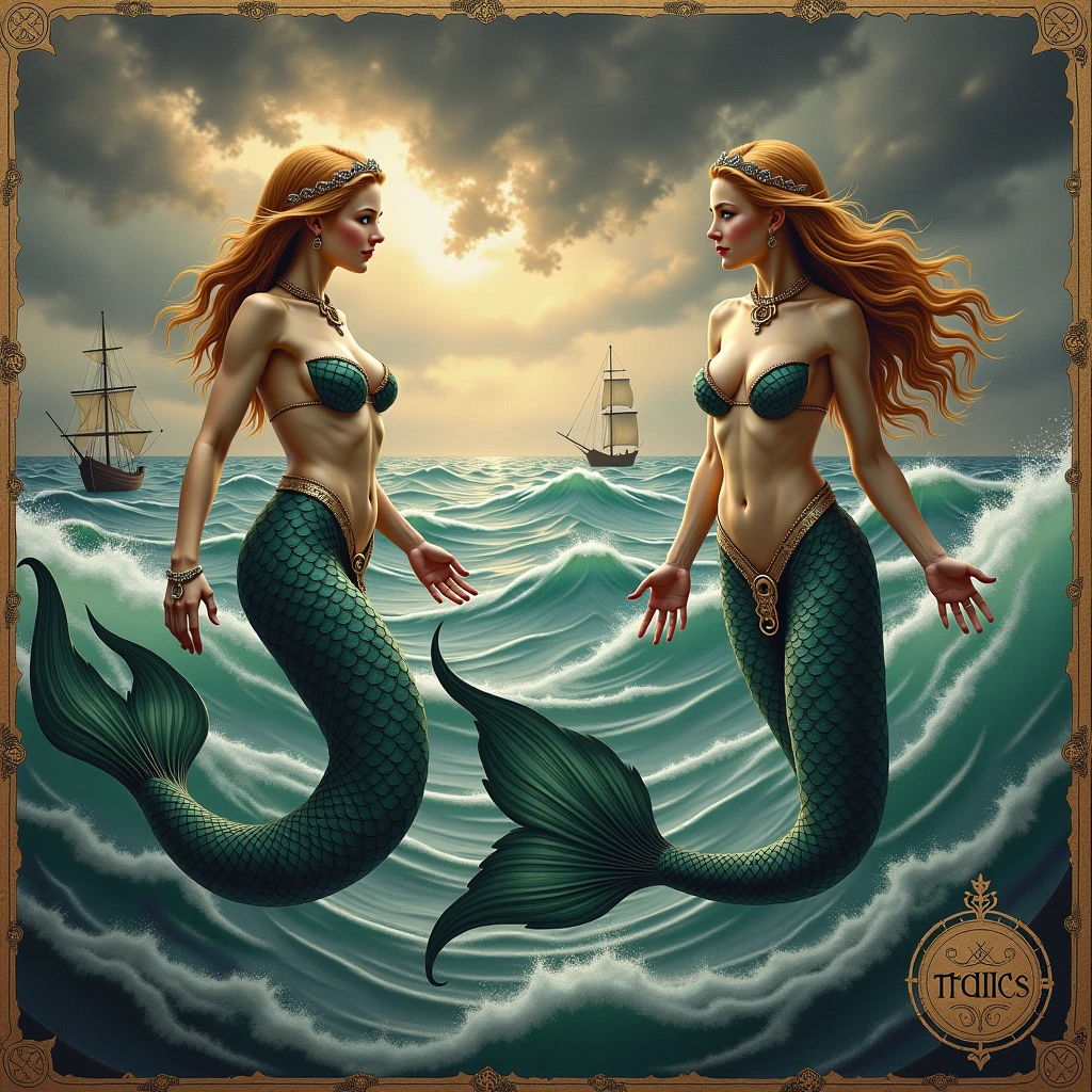 mermaids ????? near sea shore having sex with male human lover, mythological , oil painting