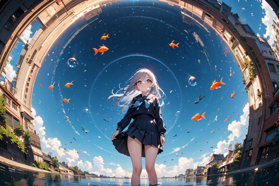 woman\(student, 15 years old, ＪＫ, Short silver hair floating, Space-colored eyes, school black uniform, Pale skin, Tired face、lack of shine in the eyes\) Looking up at the sky, (Many shiny red scale goldfish swimming in the air), (Transparent bubbles, like those in water, sparkle here and there in the sky.), Beautiful sky, Beautiful Clouds, There is a puddle on the ground、The scenery is beautifully reflected, Looking up at the wide sky from a narrow back alley in a cluttered downtown area, Colorful summer flowers are blooming everywhere., I see the wind blowing and shining, There is a noon moon and a noon star in the sky,From below, break ,quality\(8K,非常に精細なCGユニットのwallpaper, masterpiece,High resolution,top-quality,top-quality real texture skin,Surreal,Increase the resolution,RAW Photos,最高quality,Very detailed,wallpaper,Cinema Lighting,Ray-tracing,Golden Ratio\),Take the long view、Background glow