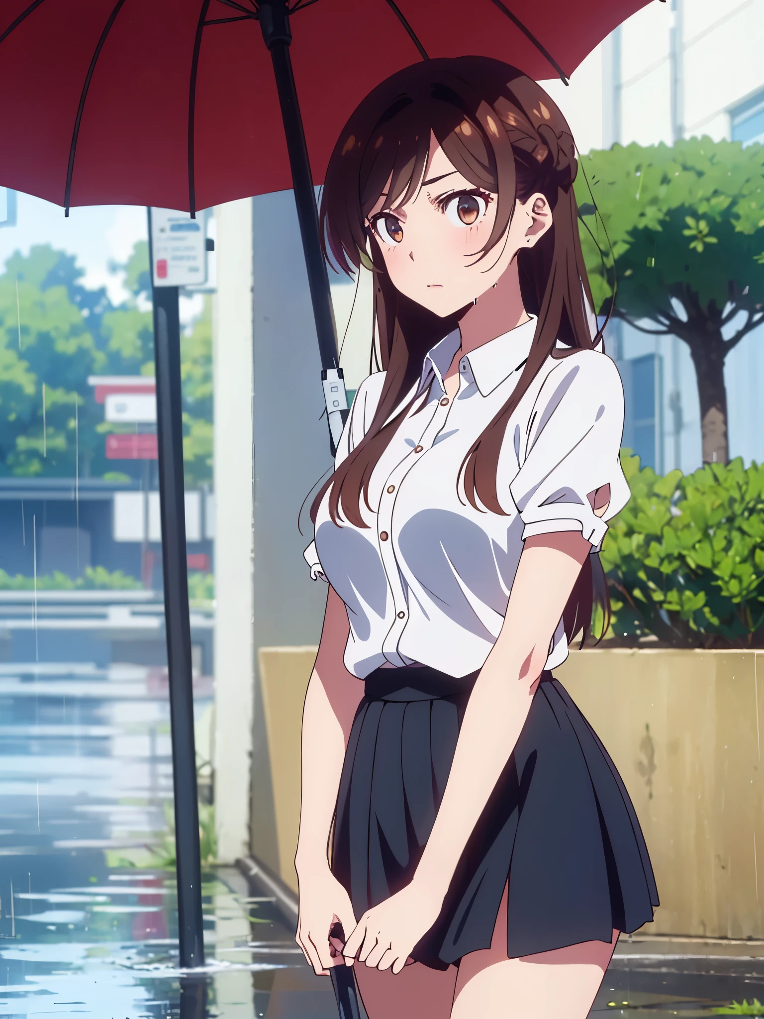 masterpiece, Best Quality, great quality,, ichinose chizuru, long hair, Bangs, brown hair, brown eyes, On the side of the seat, Big Breasts, mature woman, anime screenshot, navy blue mini skirt, shirt, Short sleeve, puff sleeve, puffy Short sleeve, 白いshirt,, Rainy Day, umbrella, Walking Home, puddle, wet hair, , from the side, See Who's Watching , solo,, cowboy shots, solo
