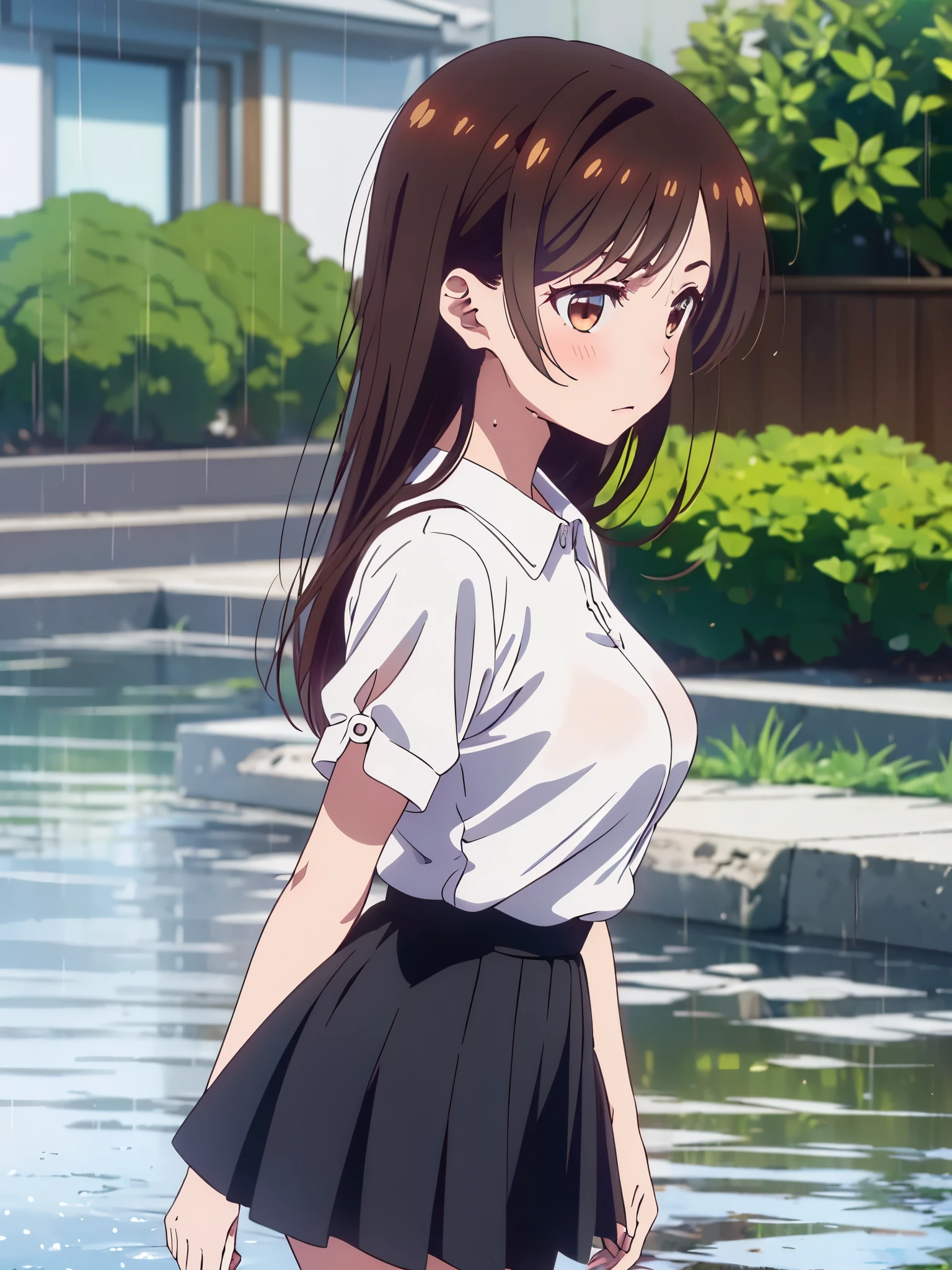 masterpiece, Best Quality, great quality,, ichinose chizuru, long hair, Bangs, brown hair, brown eyes, On the side of the seat, Big Breasts, mature woman, anime screenshot, navy blue mini skirt, shirt, Short sleeve, puff sleeve, puffy Short sleeve, 白いshirt,, Rainy Day, umbrella, Walking Home, puddle, wet hair, , from the side, See Who's Watching , solo,, cowboy shots, solo