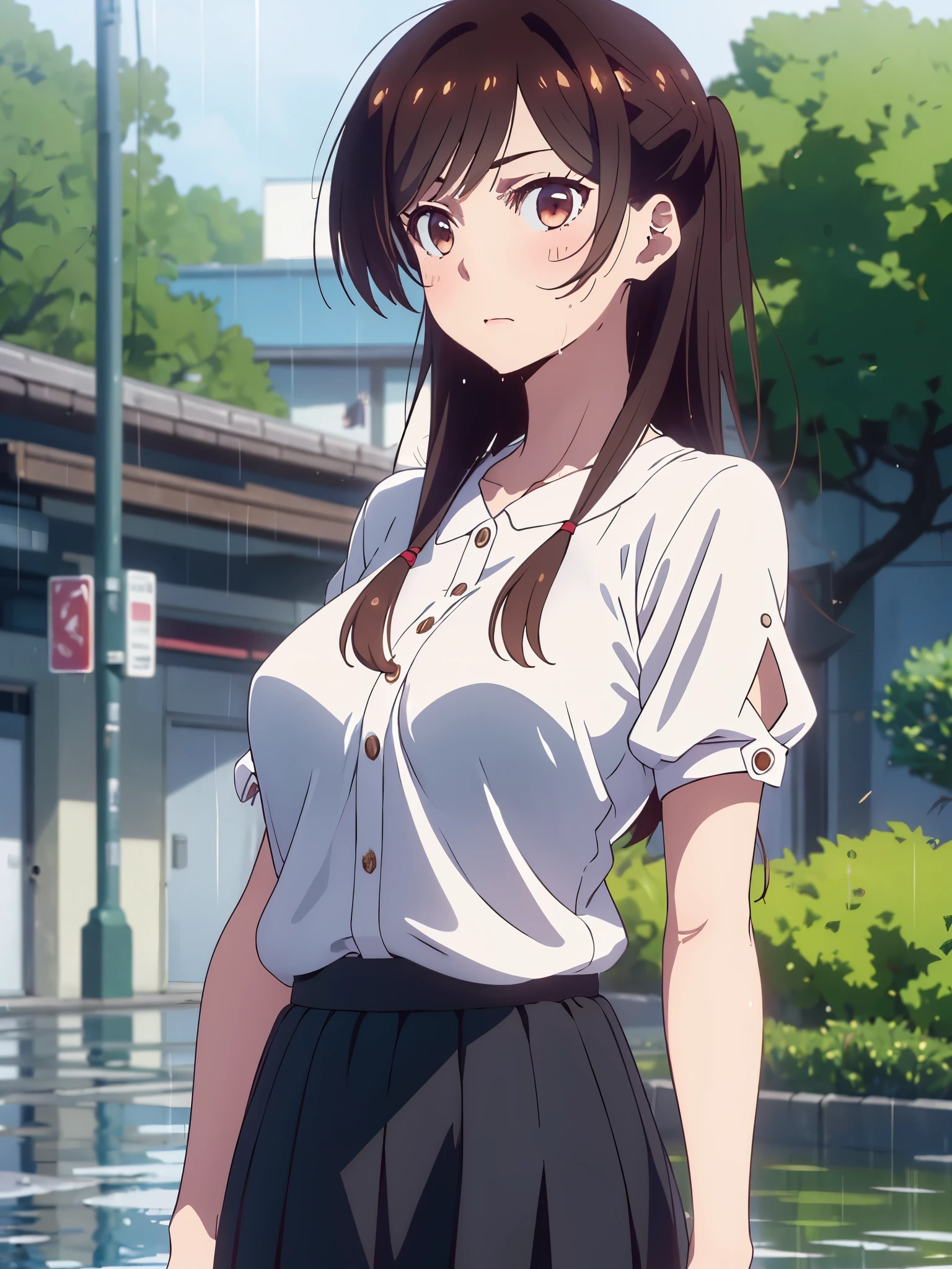 masterpiece, Best Quality, great quality,, ichinose chizuru, long hair, Bangs, brown hair, brown eyes, On the side of the seat, Big Breasts, mature woman, anime screenshot, navy blue mini skirt, shirt, Short sleeve, puff sleeve, puffy Short sleeve, 白いshirt,, Rainy Day, umbrella, Walking Home, puddle, wet hair, , from the side, See Who's Watching , solo,, cowboy shots, solo
