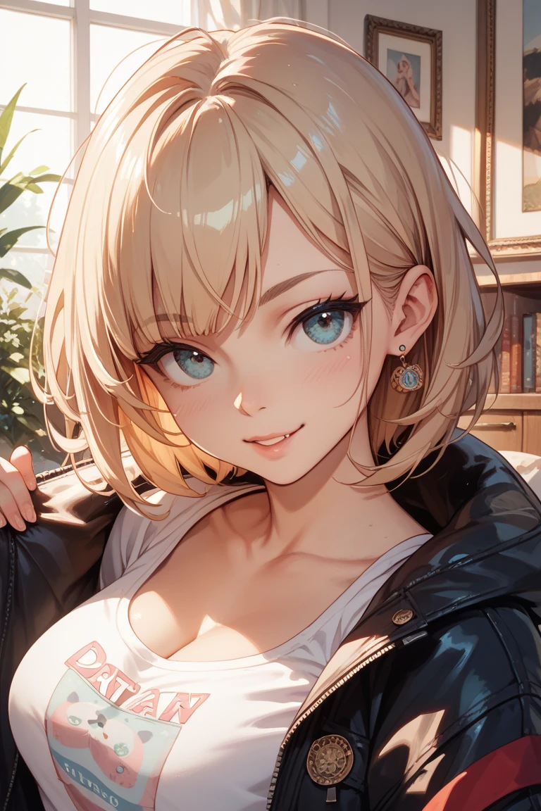 (masterpiece:1.5、Photorealistic:1.4,High Saturation:1.4、high resolution:1.4)、,(spot light:1.2、Exquisite beautiful eye:1.5,)、
(kind eyes、tareme:1.4),()、(Cute Face、Eyes in Love:1.4)、(blonde hair:1.5)、(middle hair:1.5),(sidelock :1.9),(blunt bangs:1.3),(1 girl)、(aqua eyes:1.2)、(upper body:1.5)、(fingersmile:1.5)),(sitting)、()、(head tilt) ,(),(medium breasts),(),(lace white bra in a leather jacket,:1.5),(leather pants:1.3),(surrounded by a crowd:1.5)、()、()、Slim Body(),Shiny Hair、girl、zydG