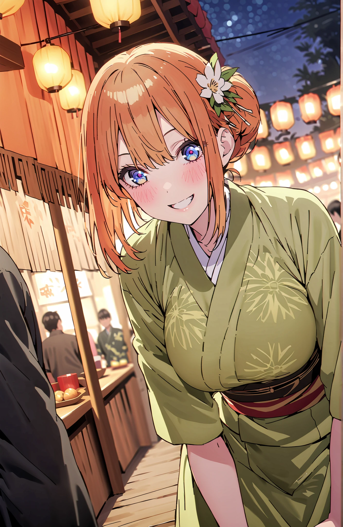 score_9, score_8_up, score_7_up, source_anime,中野四葉, bungs, solo,blue eyes, o, orange hair that gets down to the knee, Eyebrows hidden by hair, Side Lock,single bun hair,flower hair ornament,Nape,Big Breasts,Green floral kimono,Light up fireworks,turns around,smile,cover,grinning,standing,Japanese festival stall night,Red Lantern,crowd,full bodyがイラストに入るように,break outdoors, Japanese Festival,
break looking at viewer,full body,
break (masterpiece:1.2), BEST QUALITY, high resolution, Unity 8Kの壁紙, ( illustration :0.8), (beautiful detailed eyes:1.6), very detailed face, PERFECT LIGHTING, highly detailed CG, (perfect hand, Perfect Anatomy),