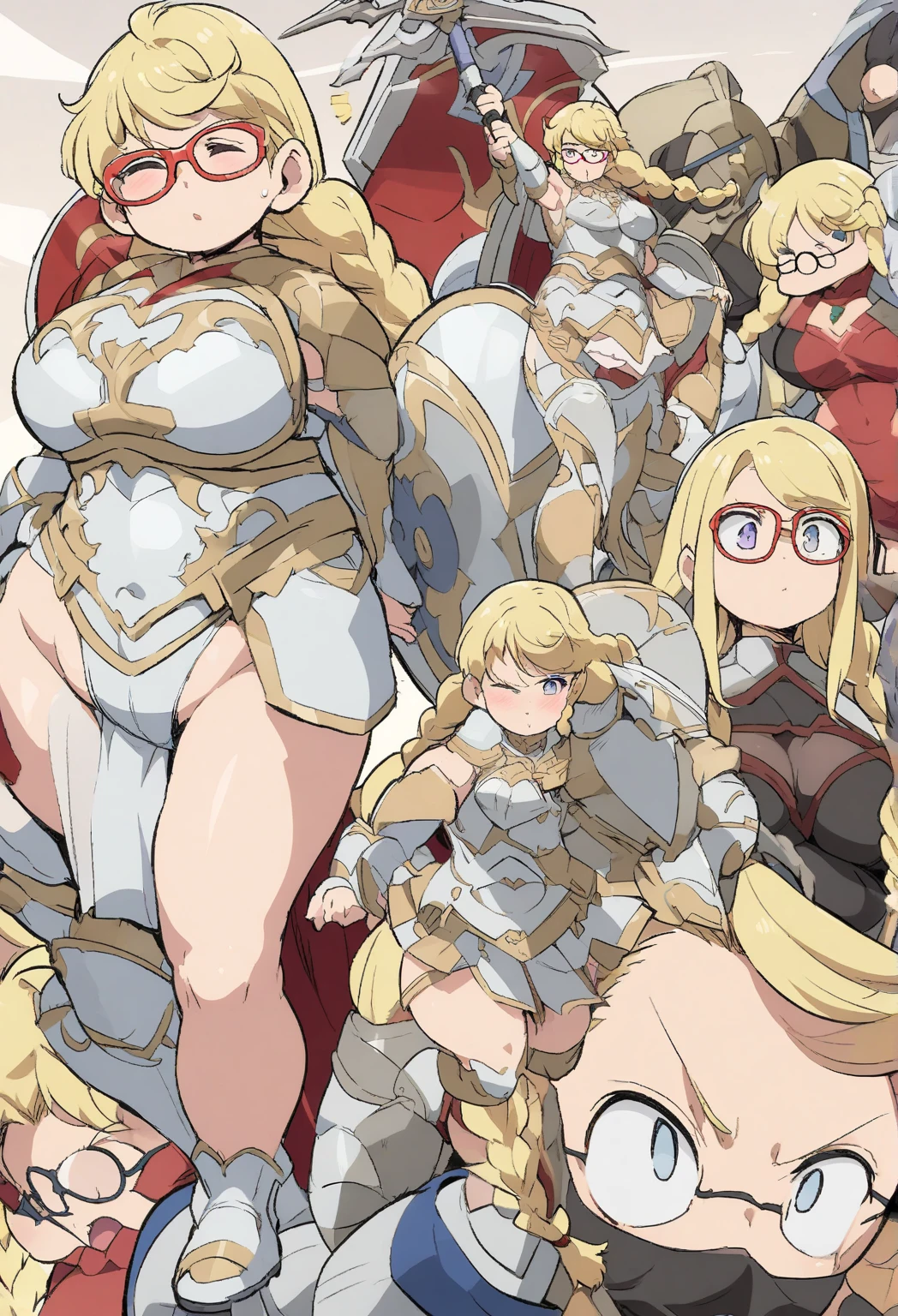 mother and daughter (mother: wide hips, elf pointy ears, full body, standing, revealing armor, curvy, huge breasts, bikini armor, blonde hair, ponytail hairstyle) (daughter: shortstack, girl, wide hips, elf pointy ears, full body, standing, revealing armor, gloves, black hair, bob cut hairstyle, bikini armor)