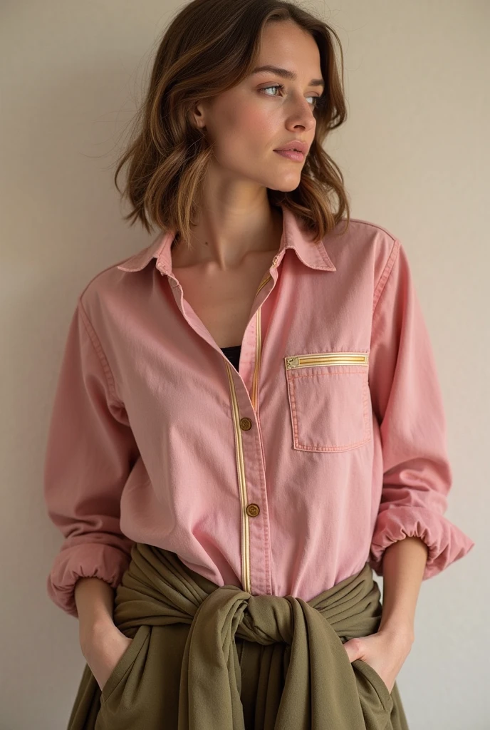 A brown-haired woman is creating content about fashion and holding a piece of clothing in front of the camera.