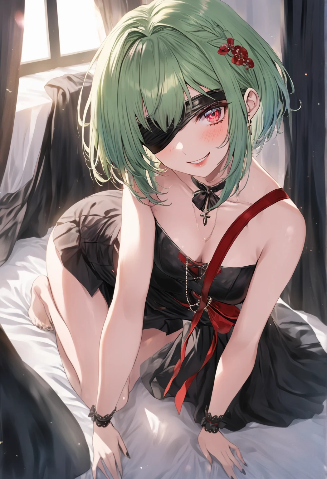 NSFW,masterpiece,Highest quality,High resolution,Super detailed,Uber\(Funeral of Frieren\),Green Hair、bangs、Hair between the eyes、Side Ponytail、Purple Eyes、Black choker、clavicle、High slit lace long dress、Sleeveless see-through dress、Halter neck,belt,Embarrassed,blush,(Prostitute),Luxurious Room,Brothel at night,heart,Sexy pose,Lying down,Lying on your back,From above