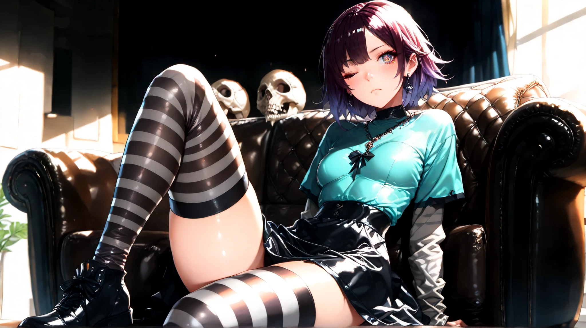 Ultra-realistic 8k CG, masterpiece, best quality, (photorealistic:1.4), absurdres, extremely detailed, real hair, life-like, horror scene, dark setting, provocative pose, girl covered in slime, fingering pussy, uses dildo, on the bed, wetting bed, messy purple-black hair, blue eyes, very skinny, goth girl, rolling eyes, wet goth clothes, choker, high shoes, full-body fishnet, skull print, squirt, squirting everywhere, very horny, heart pupil, tongue out, drool flowing from her mouth, aphrodisiac, long black nails, large tattoo, small pussy, tight pussy, blood coming from she's pussy, very sweaty body, wet pussy, small breast, wet breasts, small ass, masturbating, tired of masturbating, bare breasts, nipple pierced, gothic accessories, gothic neck belt, gothic belt, pierced elf ears, wolf ears, on the bed, ahegao, , blush, embarrassed, squirting, wet, she squirts everywhere, 115cm tall, vibrating, final setting vibrator, remote_play, remote_vibrating, wet, wetting everwhere, female masturbation, She hornily tells me "fuck me darling", she too much squirts everywhere, she wet everything with her pussy juice, She was going to faint while fingering her own pussy,
