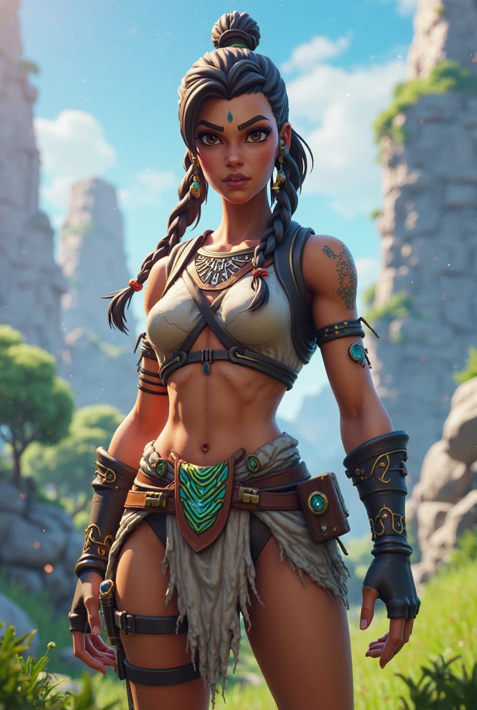 Style: "Prehistoric fantasy setting with a focus on authentic primitive clothing and accessories, reflecting the materials and craftsmanship of early human cultures." Solo woman portrait.
(Savannah Warrior Isanna is a beautiful prehistoric woman of the (Negroid race).)
Face: Oval face with high cheekbones. The eyes are large, dark brown with a slight golden tint, the nose is wide with a soft tip, full lips are dark burgundy. The hair is very curly, black, long, braided in numerous thin pigtails. The skin is dark brown, with a copper tint.
Body: High, with expressive rounded forms. Well-developed muscles, especially in the legs and arms. Large breasts, flat stomach, wide hips. The legs are long and strong.
Tattoo: Primitive design in the form of zigzag lines, covering the left arm from the shoulder to the wrist. A small sun on the forehead above the eyebrows.
Clothing:
Material: Leather and vines, dark brown color, roughly finished.
Thigh Band: Made of thick leather and vines, decorated with feathers, to the middle of the thighs.
Bracers: High, made of leather, wrapped in vines, decorated with bones.