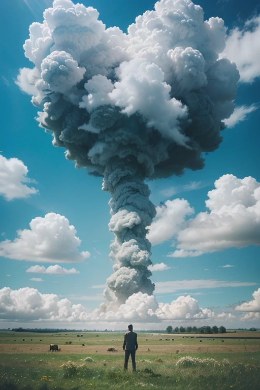 A huge cloud ball fell to the ground, Grass, lake, blue sky, Super photo, bird'S eye perspective aerial photography angle 8K, extreme details