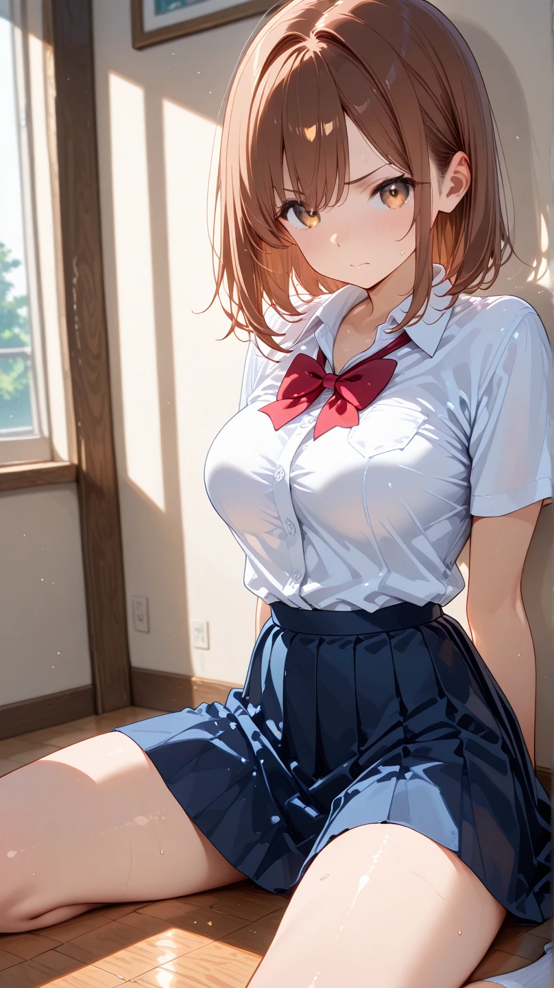 1girl, solo, masterpiece, best quality, high res, highly detailed, illustration, beatiful detailed eyes, yuigahama yui, single hair bun, glossy lips, light makeup, looking at viewer, lips parted, sitting, school shirt, school neck ribbon, plaid pleated miniskirt