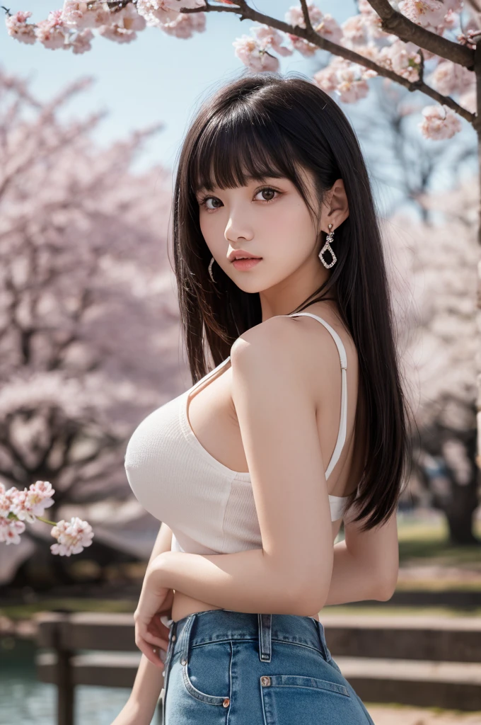 (8k, RAW Photos, highest quality, masterpiece: 1.2), (Very detailed), (Super Resolution), (Genuine, Genuine photos: 1.37)、(Portraiture), (High-quality RAW color photos)、 (Professional photos).( Very detailed and beautiful new),(Very detailed), (8k wallpaper),(Amazing details),(Large file size),(Official Art,),(Very detailed),(8k wallpaper), (Very detailed beautiful girls),(Very detailed facesHighly detailed eyes),(Very fine skin),(Very detailed fingers,),(Very small nose),(Very detailed detailed mouth),(Perfect Anatomy),(Detailed Background),(High Quality Clothing),(20-year-old),(cute girl), (Genuineistic body),(White skin),(Glowing Skin), (Blunt bangs: 1.2), (smile),(cute),(cute face),(Genuineistic face), (delicateな目),(Sagging eyes), (Checkered Super Mini Skirt)、(White shirt)、(school uniform)、Earrings、Looking at the camera, Dynamic Lighting, G-cup breasts,Big Breasts、(Background of cherry blossom trees on the riverbed)、(Dynamic Sexy Pose 1.2)、(The first and second buttons of the shirt are open)、(thin legs 1.2)、(delicate, Plump and moisturized lips)、(Has cleavage)