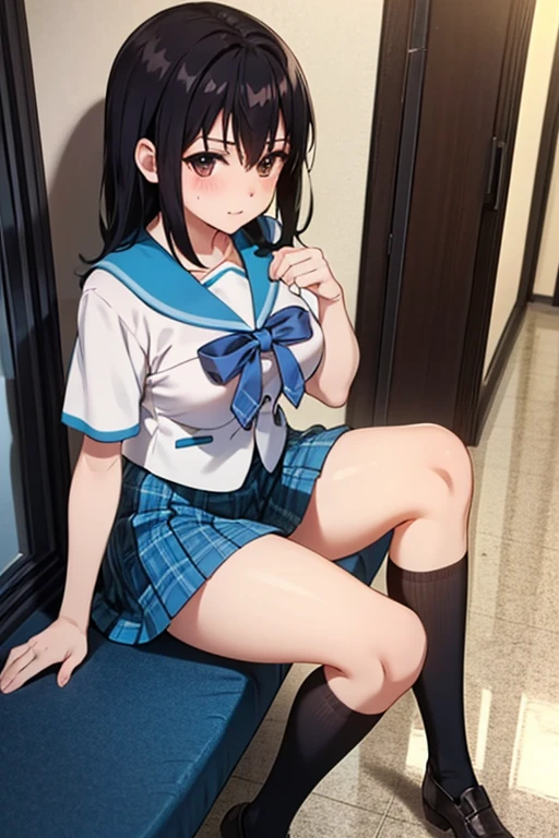 masutepiece,Best Quality,超A high resolution, 8K,Professional Lighting, Photon mapping, Teleportion, analogue, handdraw, Anime Face, NSFW, 1 girl in, Solo、 High school students, (seminude:1.2), School uniform, White socks, all-fours、Butt close-up:1.8、Locker Room, (flat chest:1.2)、Looking away:1.8