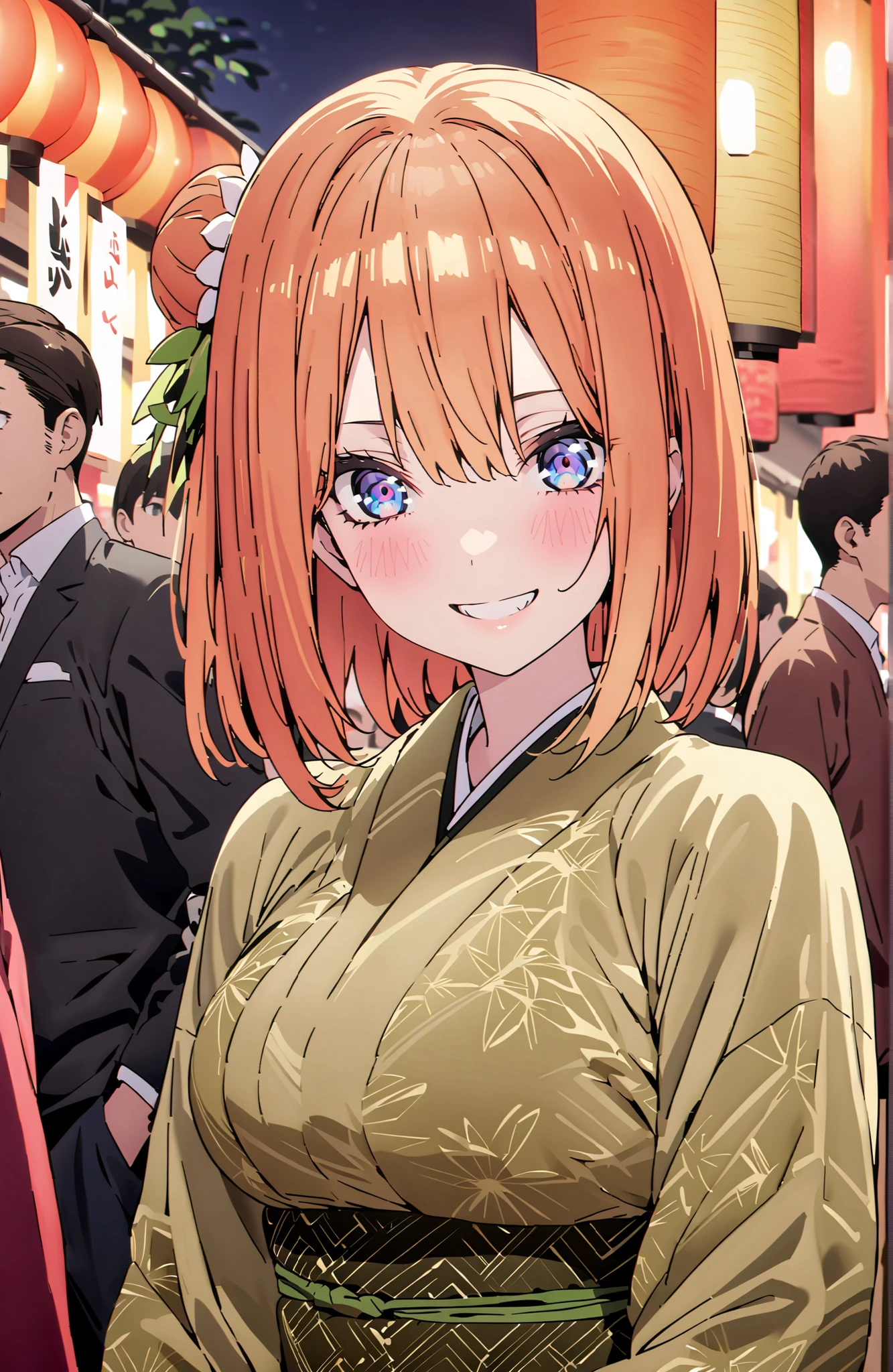 score_9, score_8_up, score_7_up, source_anime,中野四葉, bungs, solo,blue eyes, o, orange hair that gets down to the knee, Eyebrows hidden by hair, Side Lock,single bun hair,flower hair ornament,Nape,Big Breasts,Green floral kimono,Light up fireworks,turns around,smile,cover,grinning,standing,Japanese festival stall night,Red Lantern,crowd,full bodyがイラストに入るように,break outdoors, Japanese Festival,
break looking at viewer,full body,
break (masterpiece:1.2), BEST QUALITY, high resolution, Unity 8Kの壁紙, ( illustration :0.8), (beautiful detailed eyes:1.6), very detailed face, PERFECT LIGHTING, highly detailed CG, (perfect hand, Perfect Anatomy),