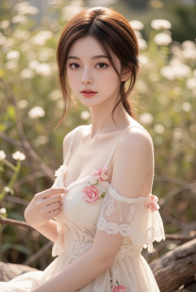 (8K High Resolution), (highest quality), (RAW Image Quality),(Tabletop:1.2), (Realistic), (Realistic:1.37), Japanese white-eye,Long eyelashes,Exquisite(Live-action Realistic style),The ultimate face,Realistic light and shadow,Distinct facial features,Milky skin,Fair skin, Skin with attention to detail,Realistic skin details,Pores are visible,(Very detailed),Hair length is random, (Flowing hair),Best Portrait,Close-range shooting, Only one girl, cute,Beautiful and beautiful eyes, Beautiful and detailed nose, Very detailedな肌) ,(Beautiful face with double eyelids), (realism: 1.4),Great details, Ultra-high resolution,,,Delicate and beautiful face,,Age 25,(Beautiful Face 1.4),thin, (Wearing a floral dress:1.2),((In a park rich in nature)),,Natural smile,(,looks happy),Long Hair,