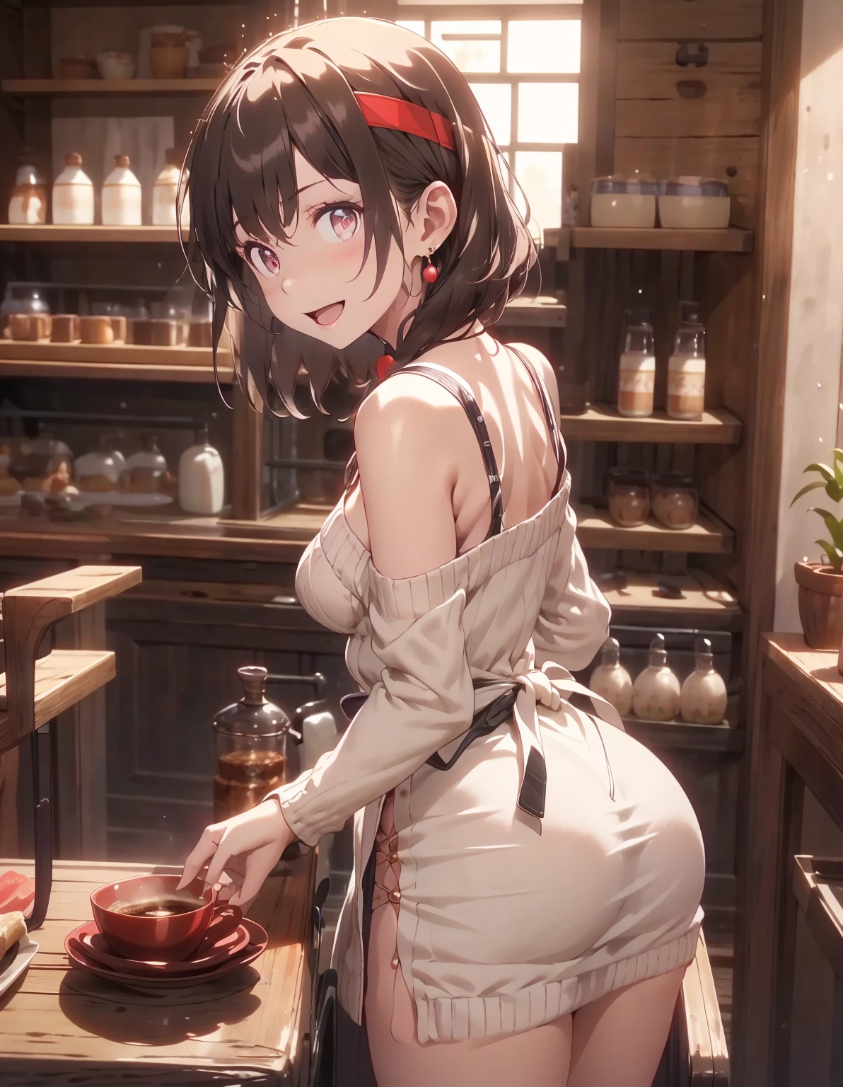 (small :1.3), (perky chest:1.1), (pointed chest:1.0), (fashion magazine cover:1.3),(from below:1.0),(from side:0.9),masterpiece, 1girl, Amazing Cleavaghin waist, big ass, Raised sexsmall breast.3, posed cl:1.2、solo, looking r, open mou have a cute grass of cute beergrass,black hair, dark green eyes, dress, bare shoulders, jewelry, collarbone, sidelocks, hairband, earrings, indoors, off shoulder, :o, sweater, arms behind back, plant, short hair with long locks, gild hairband, off-shoulder dress, sweater dress, off-shoulder sweater, red sweater, dark gord hair, big side hair, very long side hair,is rendered in (masterpiece: 1.2, best quality), with (ultra high resolution) and an exquisite (depth of field). This masterpiece is not only visually stunning but also tells,A scene of cooking in the kitchen by classroom