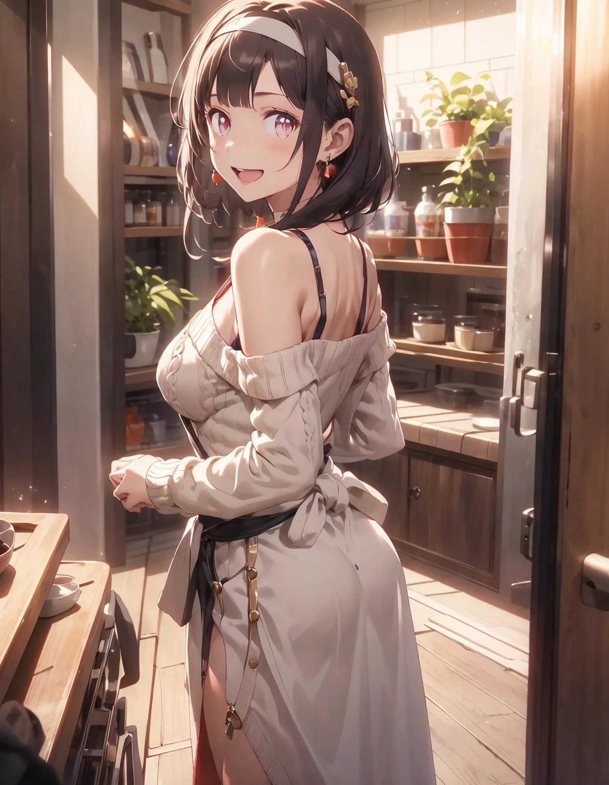 (((Masterpiece))),(((Super Detail))),(((in 8K))),(((best composition))),(((Rim lighting,Fireglow effect,deep shadow))),solo),Beautiful fingers,Detailed finger features,(Detailed hair features:1.7),(Dynamic and sexy bending pose:1.3),detailed facial features,detailed clothes features, (perky chest:1.1), (pointed chest:1.3), delicate beautiful face, Bright blue eyes, cute eyes, sparkling eyes, Big eyes, beautiful detailed eyes,double bun with glittering hair ornament:0.6,(super detailed glossy skin:1.3),slender body,goddess smile,((with sparkling eyes and a contagious smile)),beautiful posture,have a cup of coffee,black hair, red eyes, dress, bare shoulders, jewelry, collarbone, sidelocks, hairband, earrings, indoors, off shoulder, sweater, arms behind back, plant, short hair with long locks, white hairband, off-shoulder dress, sweater dress, off-shoulder sweater, red sweater, big side hair, very long side hair,(super delicate floral pattern:1.2),seductive cleavage:1.3,beautiful glossy legs,shiny red high heels,lifting dishes with cakesd,french restaurant,hustle and bustle,rising steam,(((depth of fields)))