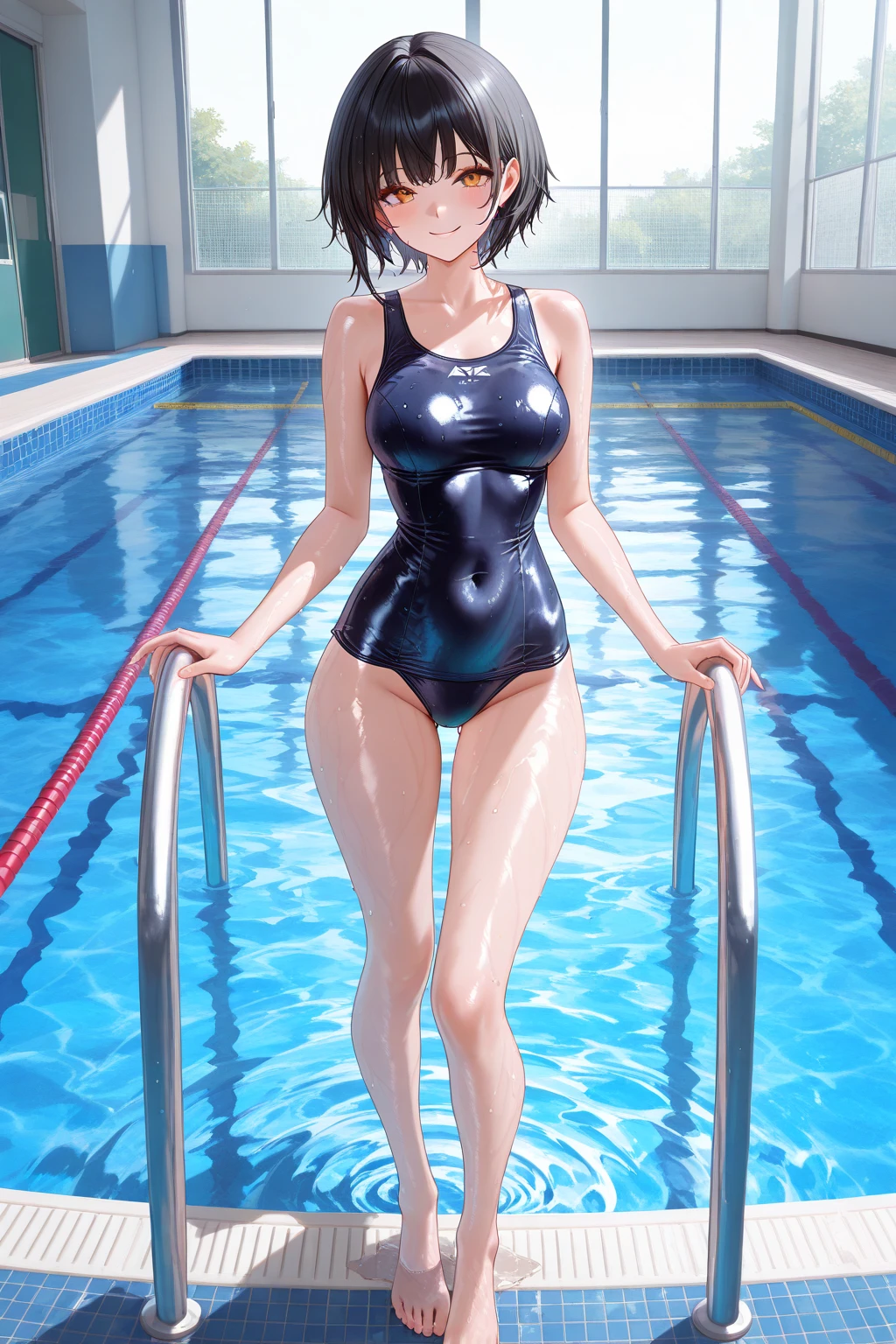 (One girl)、smile、first-class、Extremely delicate and beautiful、School Swimsuit、Standing posture、Poolside、Dark brown short hair、Dark brown eyes