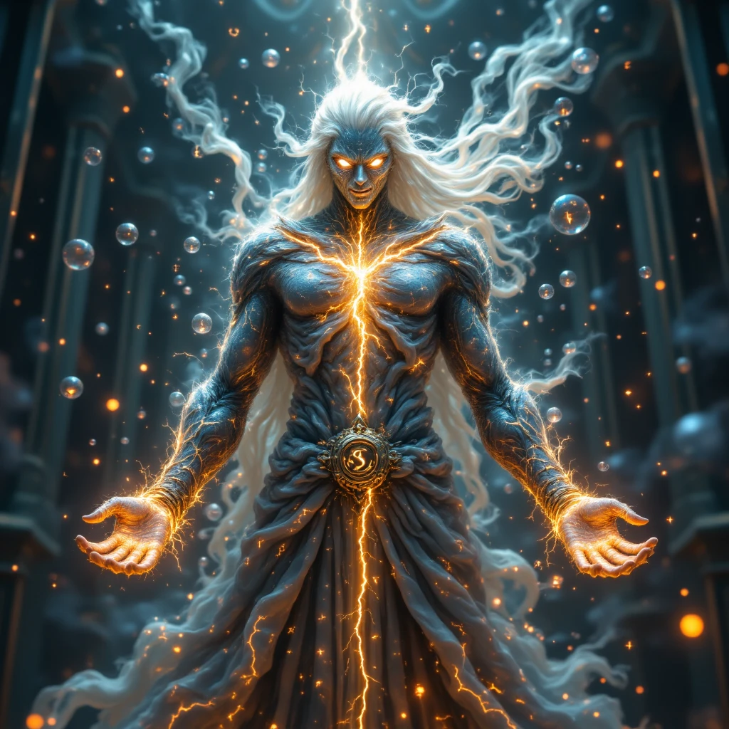 create a pale-bodied storm cleric male , white hair and yellow lightning tattoos all over his body, your face is younger and more attractive