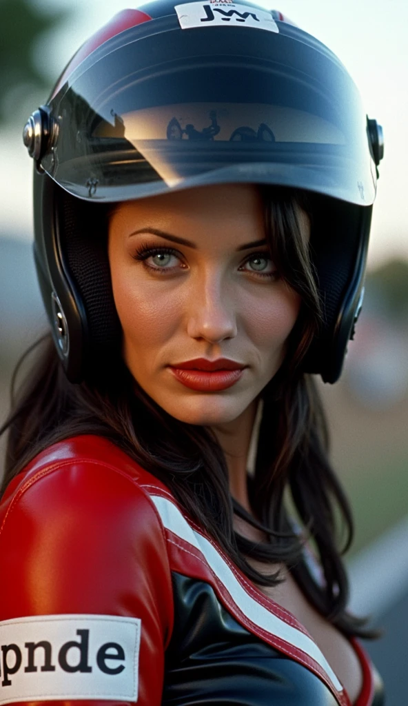 safe_pos, perfecteyes,score_9, score_8_up, score_7_up, photo, photorealistic,1girl,(solo),slender,Terayama Reiko, black hair, long hair, makeup, lipstick, brown eyes,bikesuit,open clothes, no bra, cleavage, sexy pose,unzipped, circuit background,motor bike, blue sky,wind