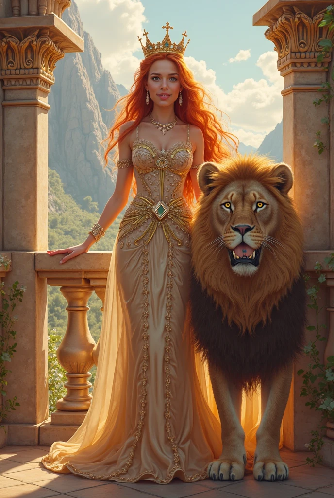 ( High quality , ultra detailed, careful with hand )Zodiac - Leo goddess , similar to latin goodness , Dominant, courageous, aristocratic, idealistic face , Arrogant, impulsive, despotic, hedonistic style ,  golden eyes(eyes detail), golden-yellow hair , transparent dress , in the golden ocean , whole body , strong make up look , lion vibe