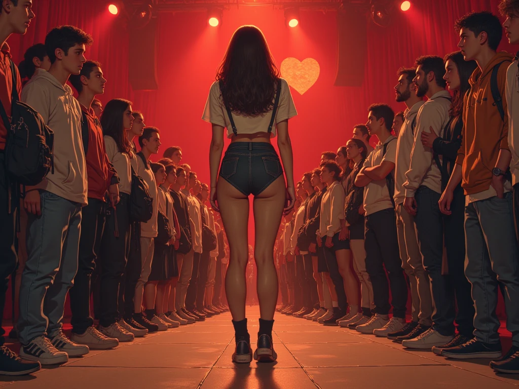 (photorealism:1.2), on stage at a high school auditorium in front of an audience, a crowd of voluptious, young and sultry latina ((/midtes - post-pubescent)), their expressions delariously ditsy, giggly drunk and trance-like - wearing exceptionally tight-fitting student uniforms and scandalously short skirts - seductively straddle, leg-hump and enthusiastically caress a caucasian man wearing a guy fawkes mask , in shamelessly feral fashion. The man ((firmly gropes their asses - posteriors so perfect, his hands can be seen melting into their softness:1.5))