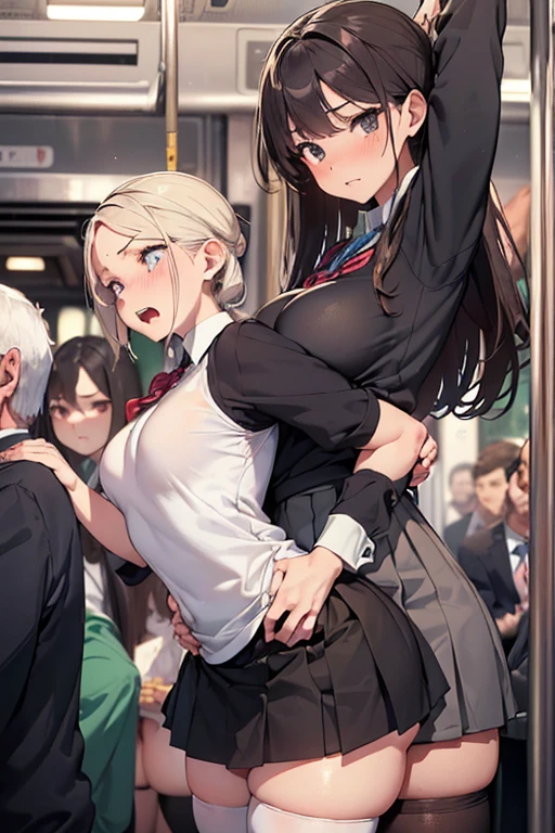 (SFW), ((photorealistic)), (masterpiece), (best quality:1.3), absurdness, [:intricate details1.3], SFW, realistic, masterpiece, (((VERY crowded subway train interior detailed scenario, VERY crowded subway train interior detailed background))), standing insanely hot (young small girl1) using sexy ((skirt)), ((behind skirt lifted)), ((3/4 white stockings)), ((big ass)), ((thick thighs)), ((fear expression)), (blushed face), (perfect body proportions)), old small man ass groping young small girl 1 from behind, (((old small man pressing his chest on young woman 1 back))) and (((holding her waist behind her)))