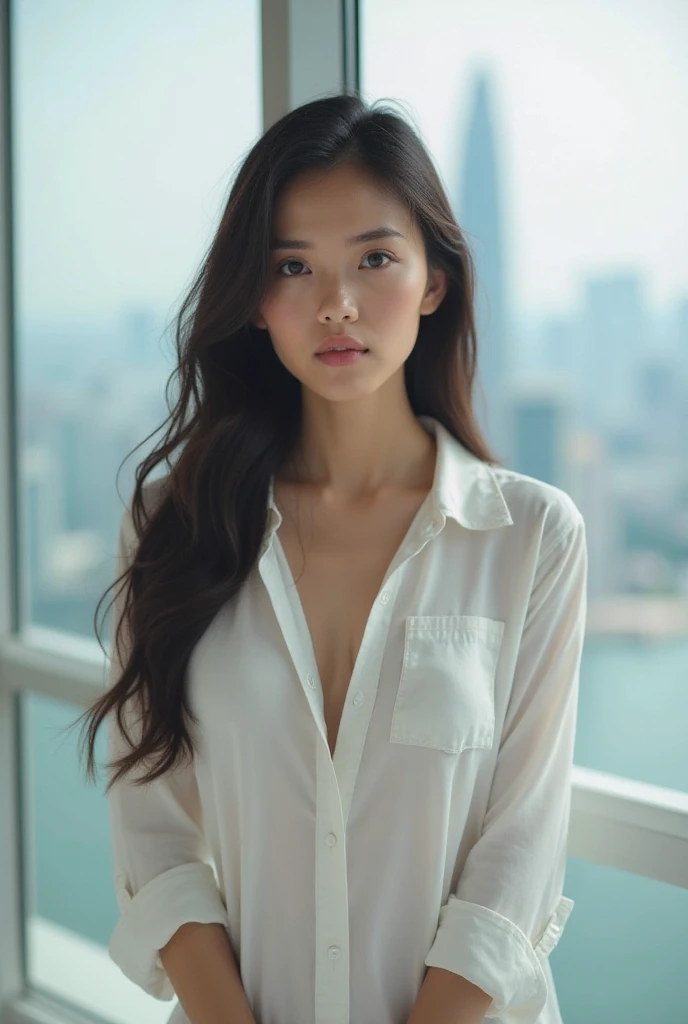 professional full body photo, (4k photos:1.1) in door (Jeremy Lipking:0.3), (anna dittman:0.3), (Arian mark:0.3), (Sharp Focus:1.3), high detailing, Elegant businessman, White shirt, shopping mall, A dark-haired, Instagram Model Pose, which are full of confidence, fit girl, lean girl, Small breasts:1.2, Perfect Anatomy, perfect symmetry:1.2, Realistic, Realistic face:1.2, Perfect face, Happy, which are full of confidence, Highly detailed, And dramatic, Cinematic lighting, Bright scene, softlight,Asian Beauty,