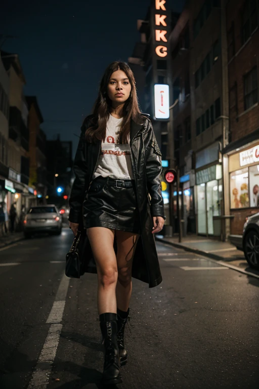 walking down a dark alley wearing a outfit and combed with two loose long pigtails