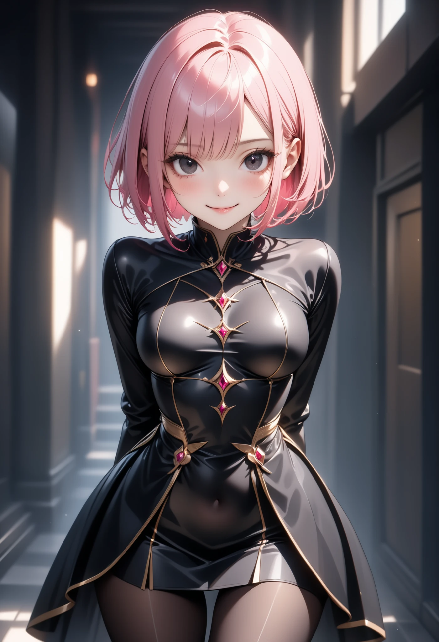 Cute girl, She has short pink hair, small black triangle-like horns, beautiful green eyes, and black and gold clothes,adultgirl, sexy body, sexy, sex, porn