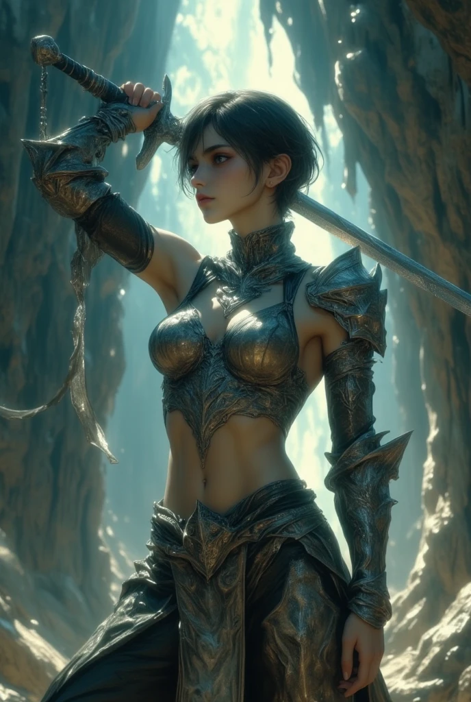 The person has to have the bow in his hand, detailed face, beautiful girl, dark hair, intense focus, outdoor forest scene, golden sunlight, detailed texture, intricate patterns, cinematic lighting, fantasy atmosphere, detailed leaves and foliage, lush greenery, vibrant colors, photorealistic, (best quality,8k,highres,masterpiece:1.2),ultra-detailed,(realistic,photorealistic,photo-realistic:1.37),professional