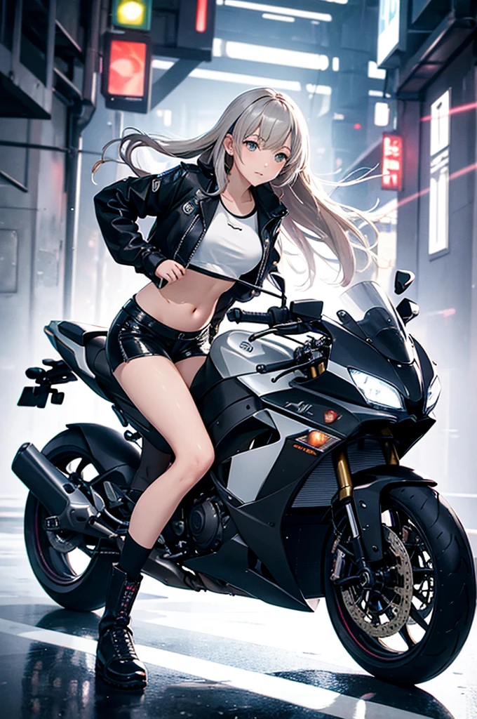 eleven girls in anime style, langes blondes haar, elfen ohren, elfen ohren, spitzen elfen ohren, sweet nose, blaue augen, white mini skirt, knee socks, military sci-fi boots, cyberpunk upper body armor, sniper rifle on the back, Riding on a cyber wolf wearing cyber armor, mit einem wolf, in the desert, schaut in die ferne. 