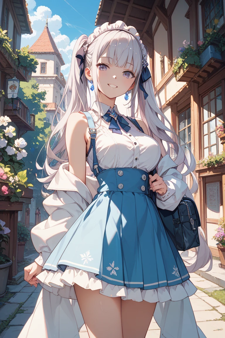Girl 、Medieval dress with panniers、Fabric Realism、Low - Angle、Wearing bloomers、I can see the drawers、Pull up the hem of your dress with your hands、Strong winds、blue sky