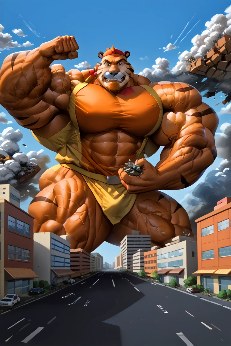 Epic Citizen Zootopia style, My Heroe Academia Character, Dungeons and Dragons style, A poor villager, Real life, Anime serie, Anime character, Obese muscle Obese Sumo wrestler Werebeast ???, full body pic (obese, strong legs and arms) Sumo wrestler Werebeast ???. Obese muscle fat ??? (bulky, wide, broad shoulders), Citizen obese Werebeast ???, Orc, male, Strong build, green hairy skin, chest hair, black beard, long sharp teeth, large thick lower canine teeth, thick pointed ears, (glowing eyes: 1.2), giant sized, no pants, larger than city, reclining on a battlefield, buckled boots, stepping on building, rampage, impact, his foot is breaking the ground, wearing a rag around waist, looking down, evil smile, thick arms, thick thighs, (large pecs: 1.2), fat pecs, (bara pecs: 1.3), macro, landscape dwarfing, city destruction, building destruction, ruined city, city on fire, city dwarfing, giant bulge in pants, tiny human soldiers