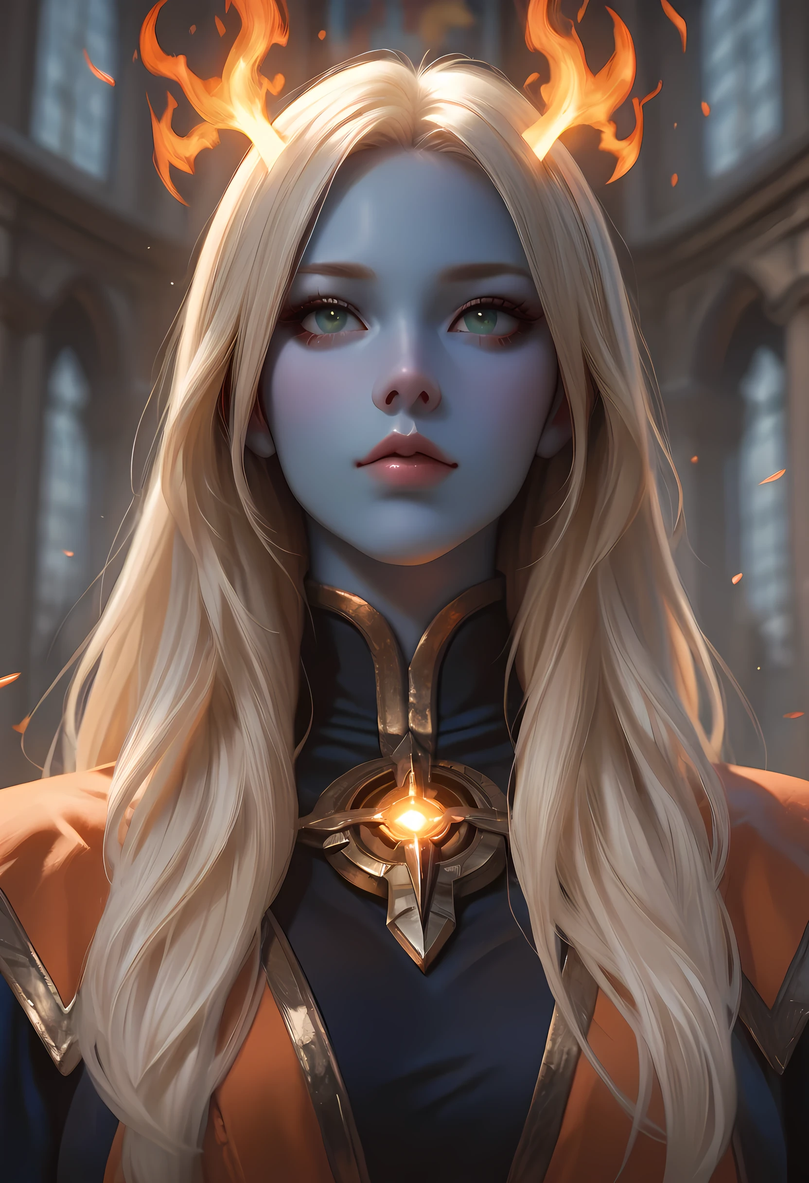 portrait a olo female ((blue skin: 1.5)), intense details facial details, exquisite beauty, cleric, (dark blue skin: 1.5)) female, ((yellow hair: 1.5)), long hair, (((no ears: 1.5))), (green eyes: 1.3), armed with a fiery sword red fire, wearing (twilight priestly combat vestments: 1.5), wearing high heeled laced boots, wearing an (orange cloak:1.3), wearing glowing holy symbol, fantasy art, dnd art, RPG art, wide shot, (masterpiece: 1.4)  intense details, highly detailed, photorealistic, best quality, highres,  within fantasy temple background, reflection light, high details, best quality, 16k, [ultra detailed], masterpiece, best quality, (extremely detailed), close up, ultra wide shot, photorealistic, RAW, fantasy art, dnd art, fantasy art, realistic art,((best quality)), ((masterpiece)), (detailed), perfect face, fantasy, Cinematic Shot Cinematic Shot, fantasy, LOAsuccXL, fantasy, commix style, fantasy
