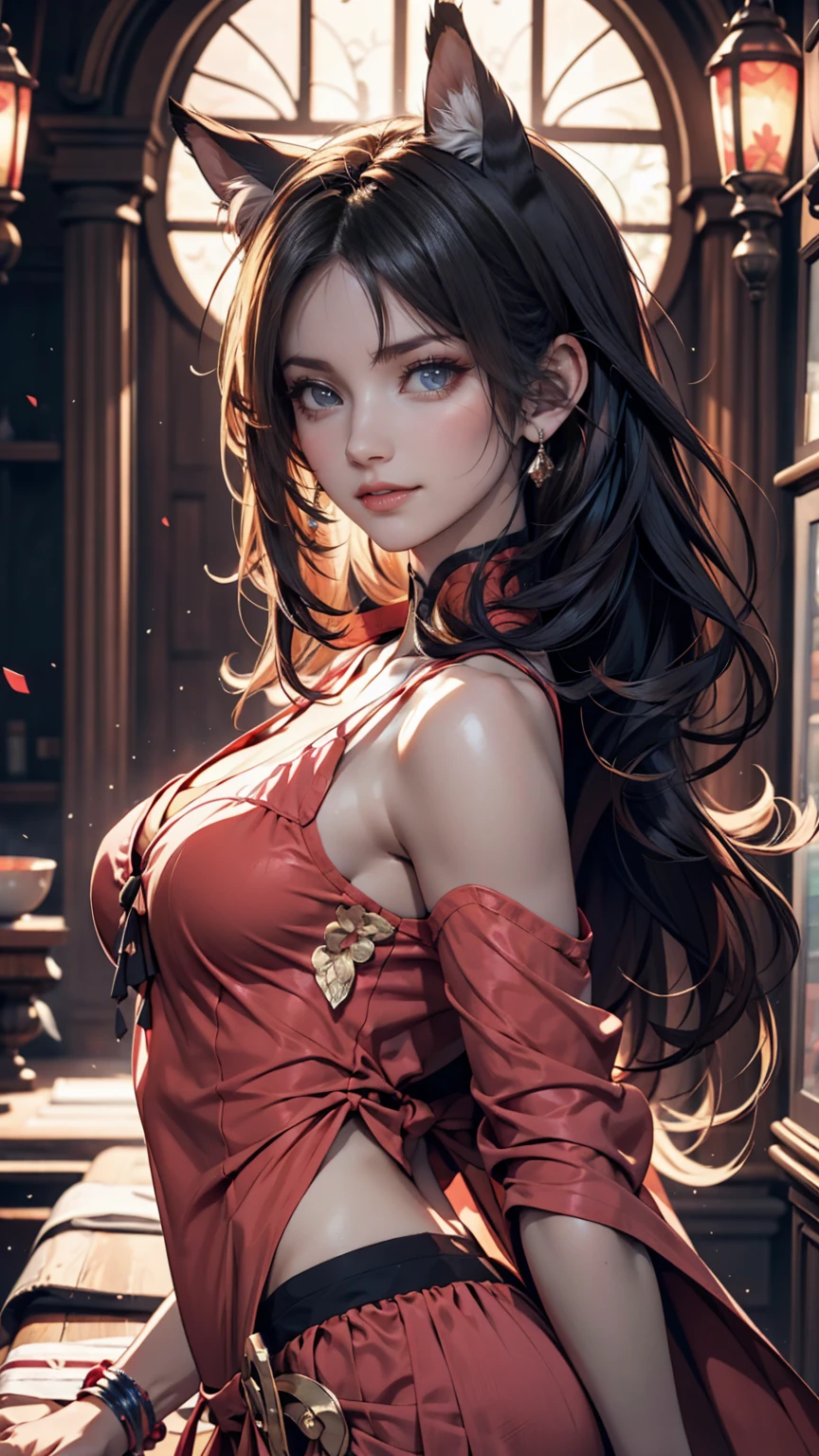 ((masterpiece)),((best quality)),((high detail)),((realistic,)), 1 shy girl, shy expression, elegant makeup, long brown hair, seductive eyes, bright lips, sexy pose, (beautiful detailed face: 1.0), smiling, feminine approach, lace lingerie, red lingerie, big breasts, pointed breasts, (perfect body), prominent nipples, black coordinate, standing and looking at the sky, sunset in the city, tight clothes,