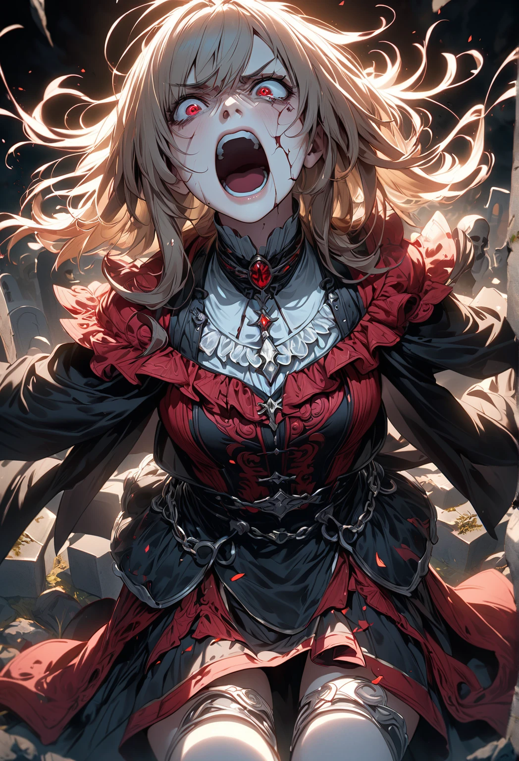 Angel、Very detailedな,美しい細部までこだわったeye,girl with beautiful eyes, everyone, 美しいAnime Girls, かわいいAnime Girls, Anime Style, Soft lighting, (正しいhand:1.2),Has a sharp weapon,Black symbiote bodies attached, Bloodまみれの,(Bloodしぶき:1.6),, Evil look, Psychopathic, Torn clothes,(Bloodしぶき:1.6),, Torn Costume, sexy, reveal, Very detailed, Vibrant appearance, Imaginative, all breasts, skinの質感, Intricate details, (credibility: 1.4), (whole bodyショット), One Girl, ((Anime Girls)),,(Bloodしぶき:1.6), ((ファンタジーAngelのコスチューム)), ((flowing blonde hair)), ,(Bloodしぶき:1.6),Female curves, Large Breasts, Thick thighs, sexyな平らなお腹, 完璧なhand, 完璧なアニメのface, ((White Lolita Dress)), Are standing, ((邪悪な笑face)), ,(Bloodしぶき:1.6),Victorian cities, gaslight, Steam circulates, Moonlight Illumination, night間照明, A sky filled with stars and galaxies,(Bloodしぶき:1.6), ねじれた笑face、Bloodまみれの、頭からの出Blood、Bloodしぶき、,(Bloodしぶき:1.6), Full Design, Huge breasts, Very detailed, Realistic, Dark fantasy, Gloomy atmosphere, Intricate details, Crazy Smile, 狂ったeye, Cute and stylish hair band,(masterpiece:1.2, Highest quality), Scary atmosphere、Distorted facial expressions、Horror Art、Bloodの雨、Bloodを流す、Bloodしぶき,(Bloodしぶき:1.6),悪魔のeye、greenいeye、scar、火scar、whole body、Torn hair of a woman dressed in slave clothing、（Long Hair）、（eyeにかかる長さの前髪）、Black Hair、（（（eyeの下のクマ）））、green白いskin、Feeling unwell、Pathological、邪悪な笑face、狂ったeye、（Grin）Dramatic makeup，Create mixed media art、,Horror 1 Girl, Open_mouth, , green_eye, Blood, Tilt_red_skin, Injury, Blood_In addition_face, Bandaged_arm, Blood_In addition_hand　, Open your eyelids wide, The trend is all, mouthを大きくOpen, mouthを開けてteethをむき出しにする,獣のような鋭いteeth, Wide lips, 非常に広いmouth, Vermilion cheeks, blonde, ,(Bloodしぶき:1.6),Princess Cut, Ribbon hair ornament, brooch, Otaku Room, Well-built body, Nice body, Ample breasts, Thick body,eyeを大きく開いて、Scary atmosphere、Distorted facial expressions、ねじれた笑face、Bloodまみれの、頭からの出Blood、Bloodしぶき、whole body、,(Bloodしぶき:1.6),Long Hair、Long bangs、Well-built,Broad shoulders,I focus,(face),Smooth Hair,いeye,(光るeye),green信号,笑face,big 笑face,teeth,psycho 笑face,gesugao,Dark city background,darkness,night,(close),良いeye, 良いteeth,サディスティックな笑face,,all,光沢のあるskin,詳細なface,Beautiful body,　mouthからの白い息　Luxurious lace long gloves gothic architecture、Western architecture、Fantasy World、