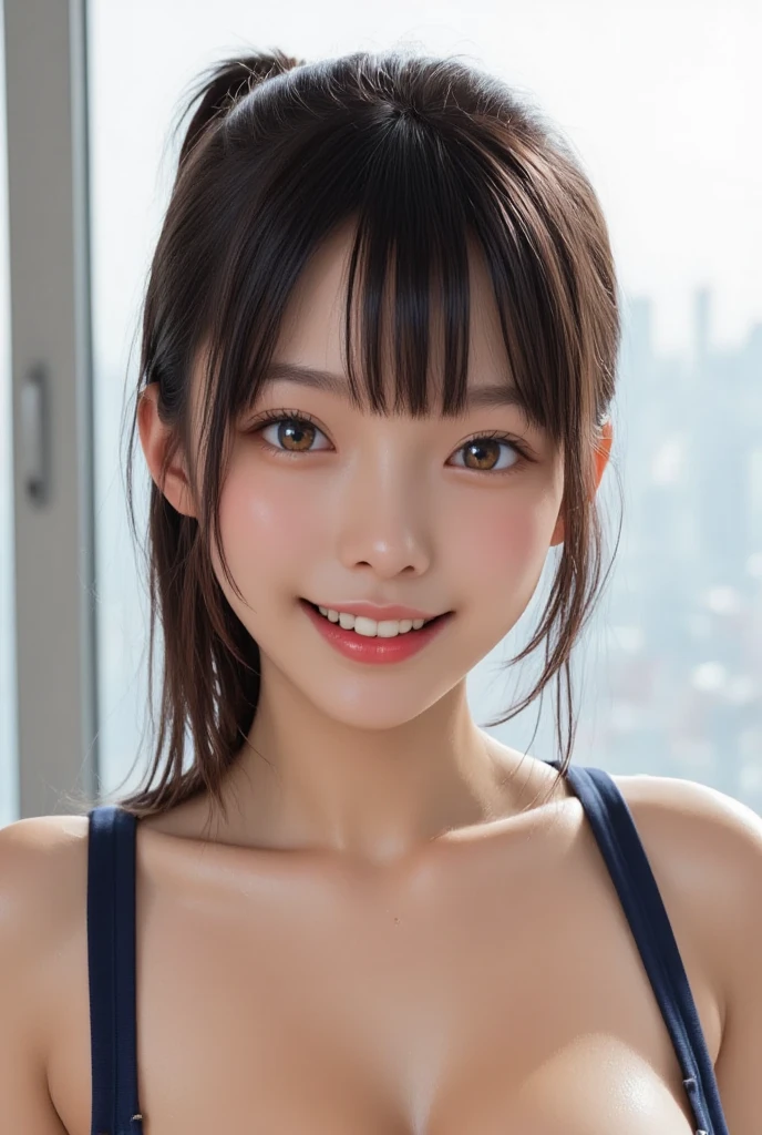 Girl in bikini walking down the street, Beautiful fractal and marble designs、An exquisite rainbow bodysuit:1.5, Cleavage, Beautiful Face, Beautiful Lips, high quality, Insane Details, Professional Lighting, Cool pose, Cinematic, 8k wallpaper, smile、ponytail、School Swimsuit