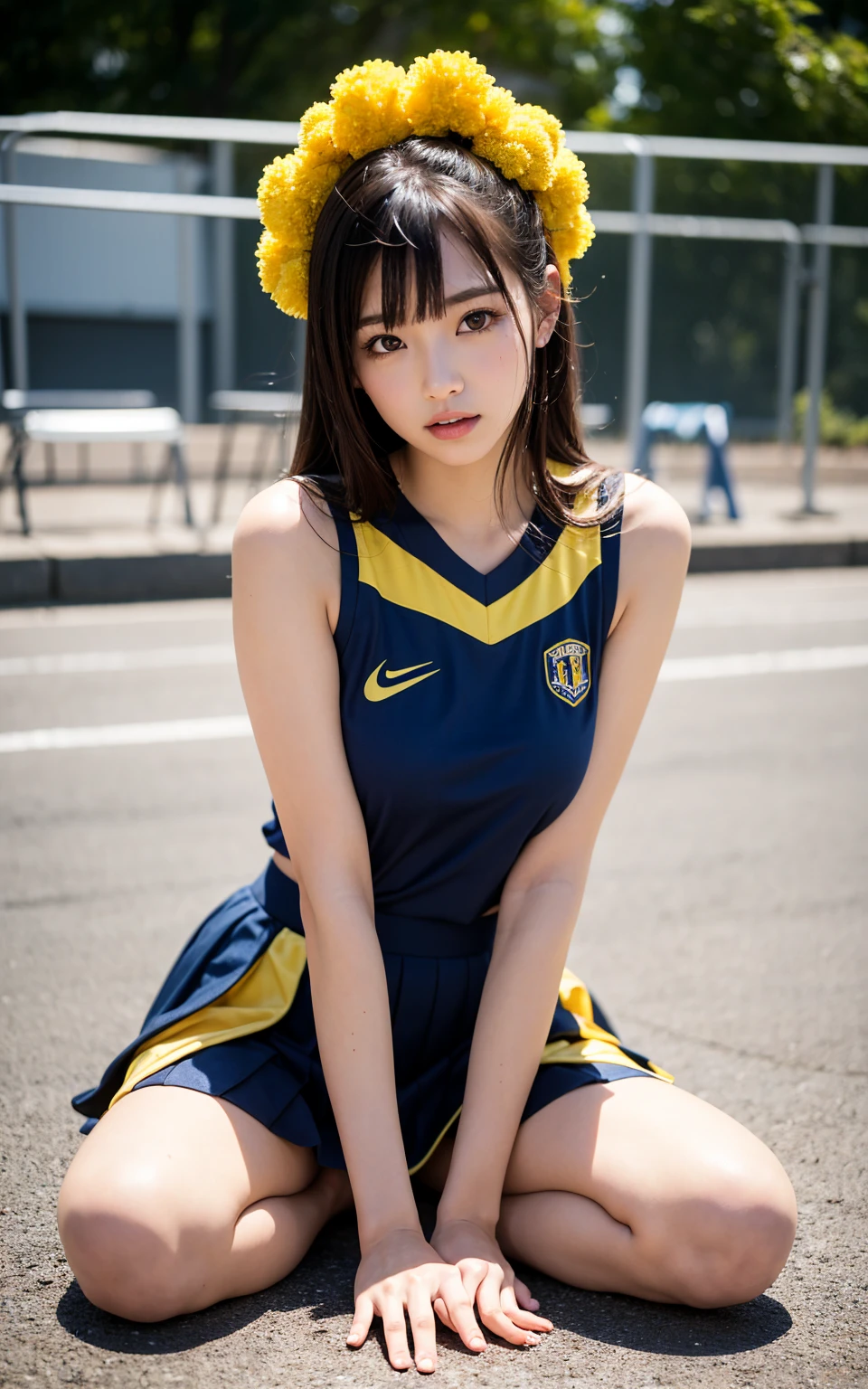 A 16-year-old girl wearing an athletics uniform、Black Hair、Bobcut、Sit with your legs stretched out and your hands on the ground behind you、From above、Athletics Stadium、smile、
