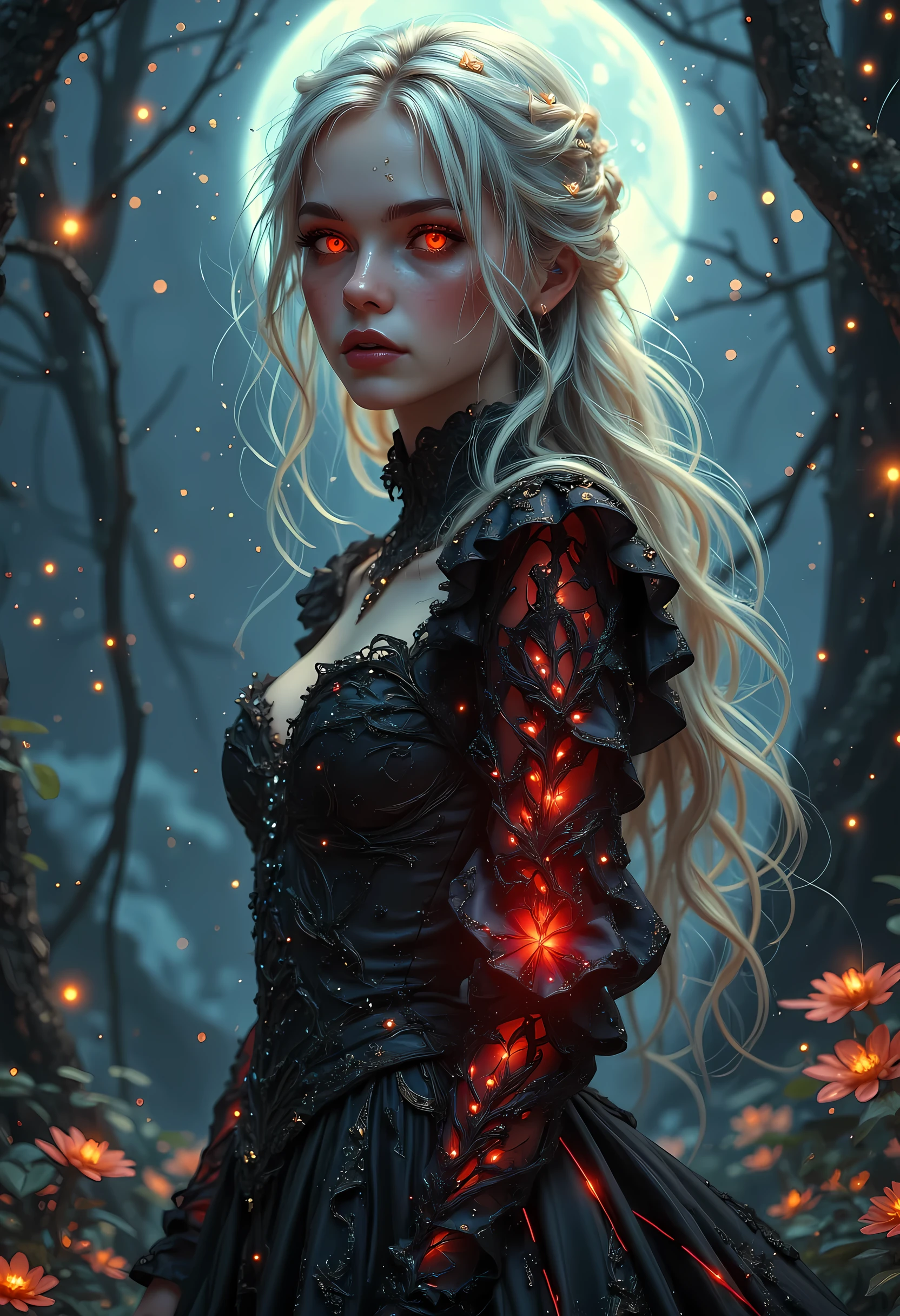 full body picture of an epic beautiful female vampire, ghostly beauty, wearing transluminescent dress, black silk dress, intricate dress, transluminescent dress, transparent dress, red sleeves, epic beautiful female vampire, pale skin perfect body, ghostly beauty, serene beauty, blond hair, lush hair, long hair, red glowing eyes, vampire fangs, stars entwined in the woman's hair, light caress the woman, moon light caress the dress, fantasy art, night time, the moon rises, creating award winning, photorealism, depth of field, hyper realistic, zavy-ctcmcs