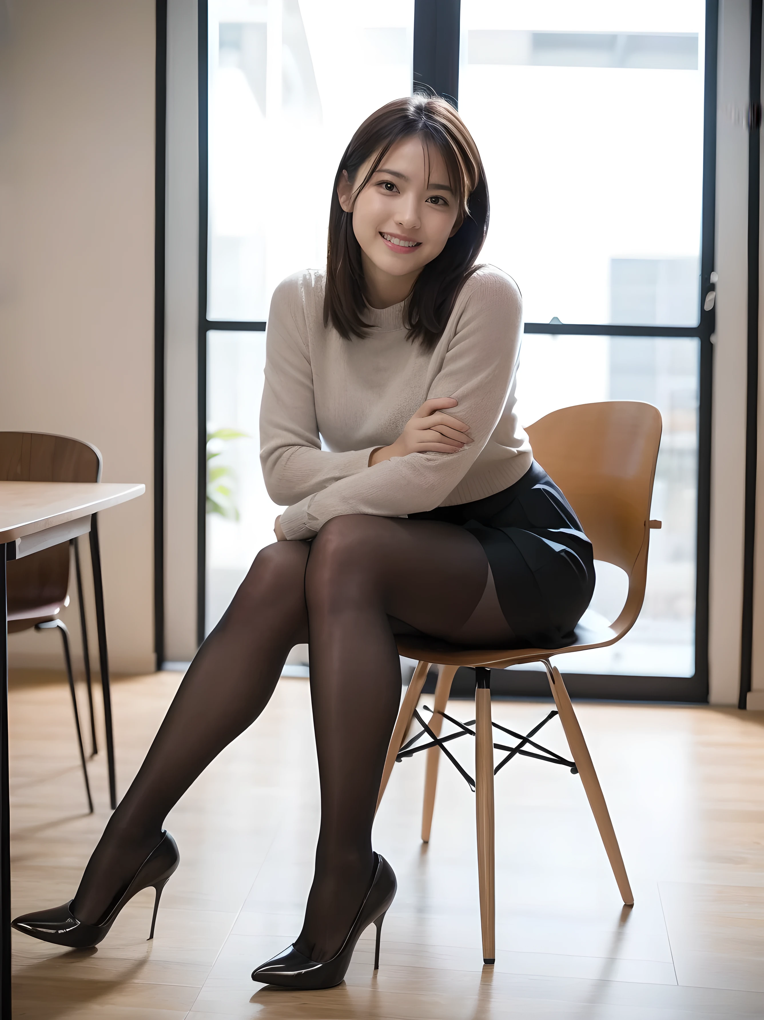 事務室で働くgirl, sitting on a office chair, (realistic, realistic: 1.37), (masterpiece), ( BEST QUALITY: 1.4), ( Ultra High Resolution: 1.2), ( RAW photo: 1.2), ( sharp concentration: 1.3), ( focus on the face : 1.2),  elegant, (full body: 1.2),  BEST QUALITY, masterpiece, ( realism: 1.2),  girl, brown hair,  brown eyes , Front, Detailed Faces, Beautiful Eyes, Pleated mini skirt , ( Super realistic Pantyhose :1.3), sit on a chair、Intense smile,  Lots of Lashes,  high heels , very beautiful, thigh high socks,