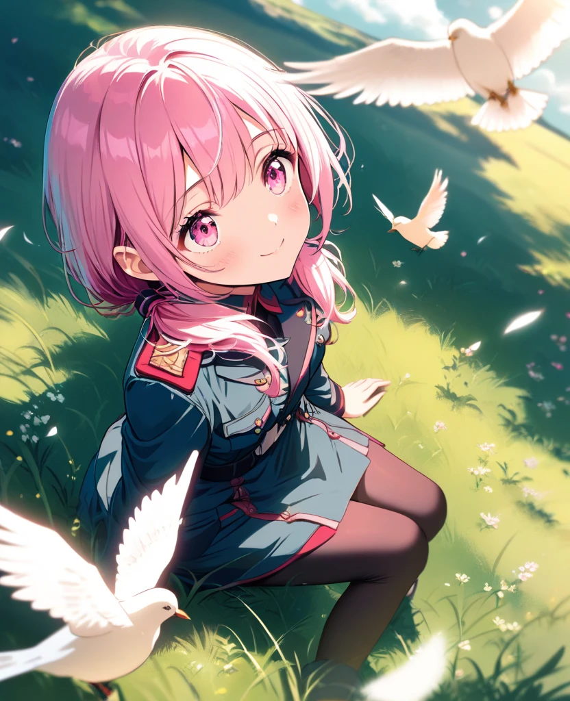 masterpiece, top quality, 16K UHD,
jk girl, with a ponytail,
cute animation style,
vibrant colors,
sitting on a colorful mat,
surrounded by various cartoon characters,
sunny day scene,
clear blue sky,
fluffy clouds,
grass field,
butterflies flying around,
cheerful expression,
confident pose.
--auto --s2
