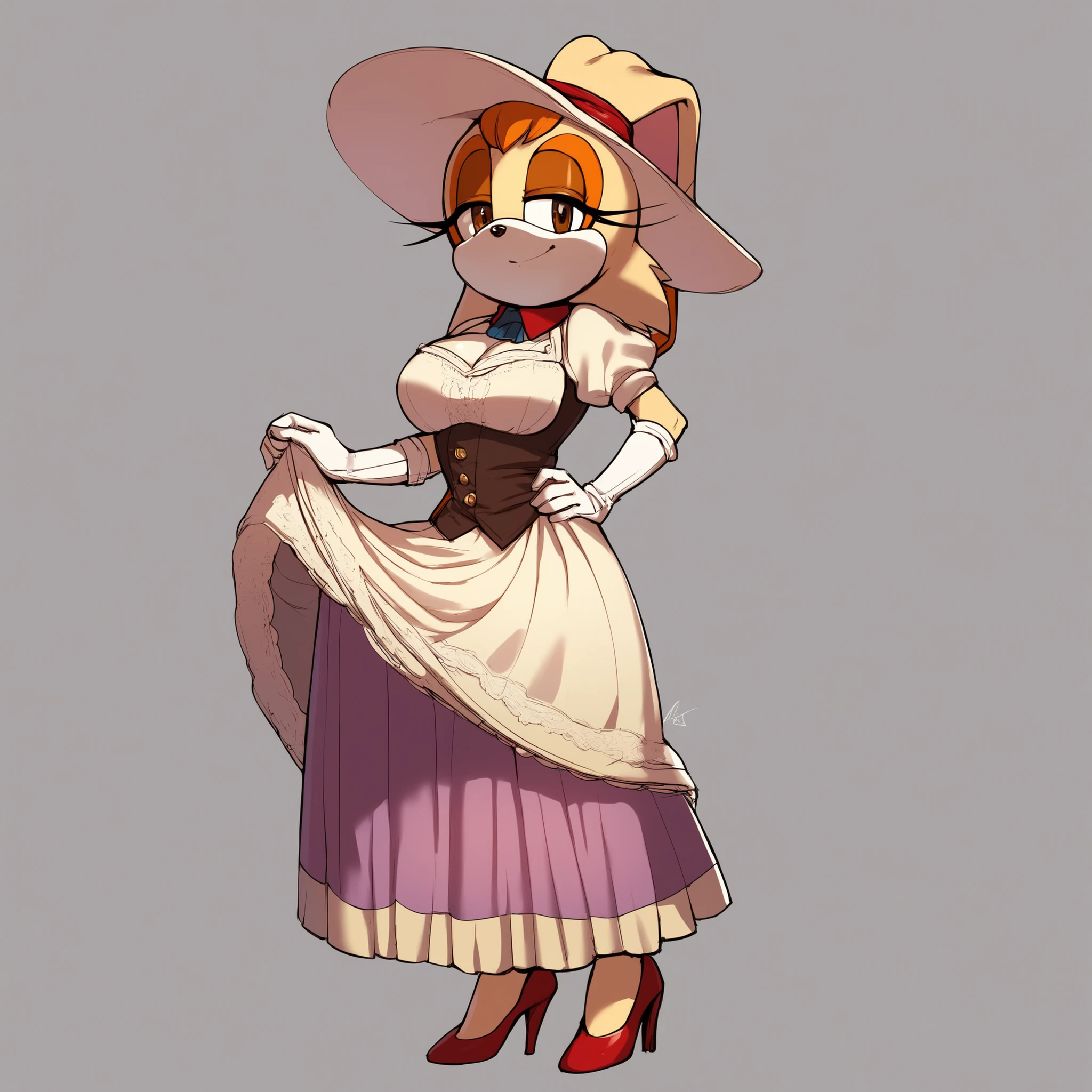 score_9, score_8_up, score_7_up, score_6_up, score_5_up, score_4_up, (Source sonic), (rating safe), vanilla the rabbit, 1girl, solo, , brown eyes, looking at viewer, standing, (fancy train cart background), wide , rabbit girl, short hair, body fur, hands on , anime style, smile, skirt, long opera gloves, white background, (steampunk dress), (elegant dress), fancy dress, elegant sun hat, standing, full body, short sleeves, shoes, puffy sleeves, white gloves, high heels, puffy short sleeves, eyelashes, makeup, furry, long skirt, skirt hold, rabbit ears, animal nose, brown eyes, animal ears, furry female, orange hair, elegant personality, 